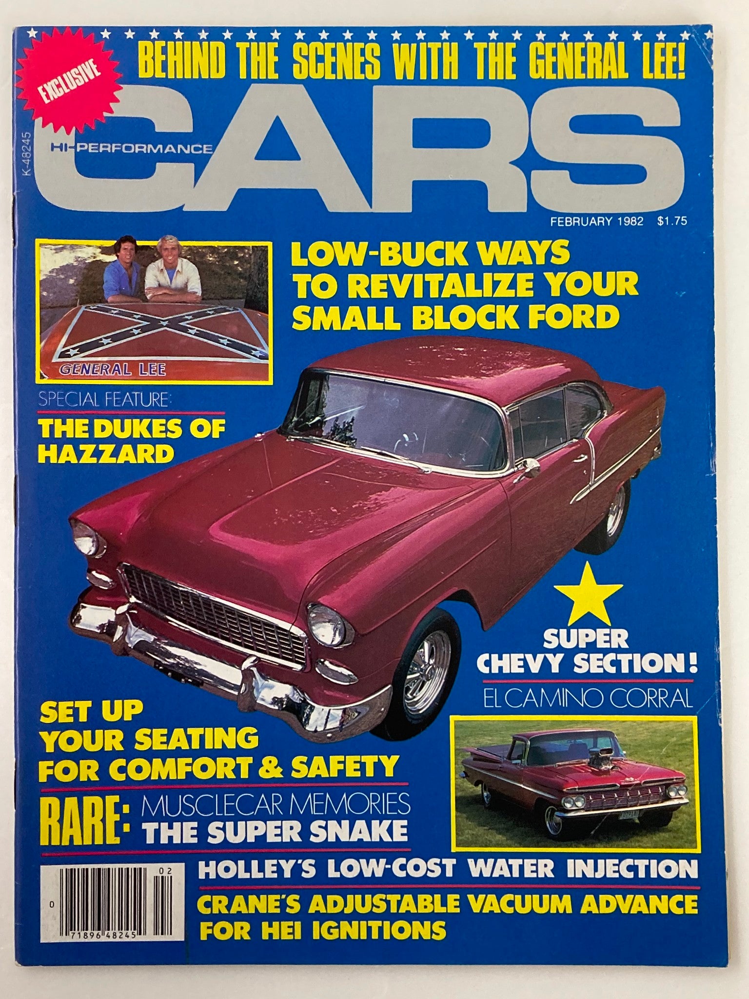 Cover image of VTG Cars Magazine February 1982 Vol 25 #1 featuring a striking classic Chevrolet car with a vibrant purple hue. The magazine includes articles on revitalizing small block Ford engines, a special feature on The Dukes of Hazzard, and highlights the Super Chevy section. Ideal for vintage car enthusiasts and collectors.
