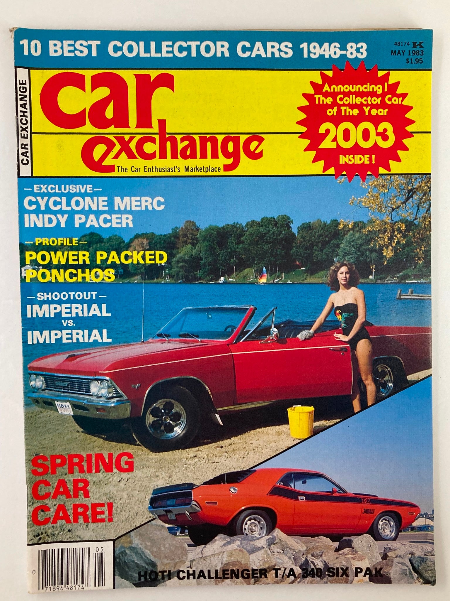 Cover of VTG Car Exchange Magazine May 1983 Vol 5 #5 featuring Sherry Cadwell, showcasing classic cars including a red convertible and a vintage muscle car, highlighting the automotive culture of the early 1980s.