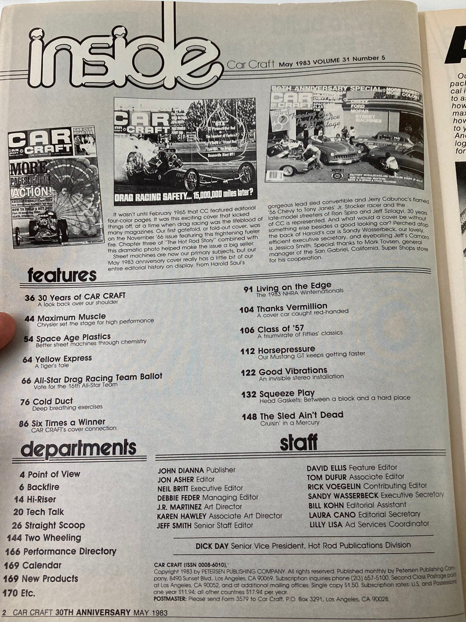 Interior page of the VTG Car Craft Magazine May 1983 Vol 31 #5 detailing the table of contents, featuring articles and topics focused on automotive performance and innovations of the era.