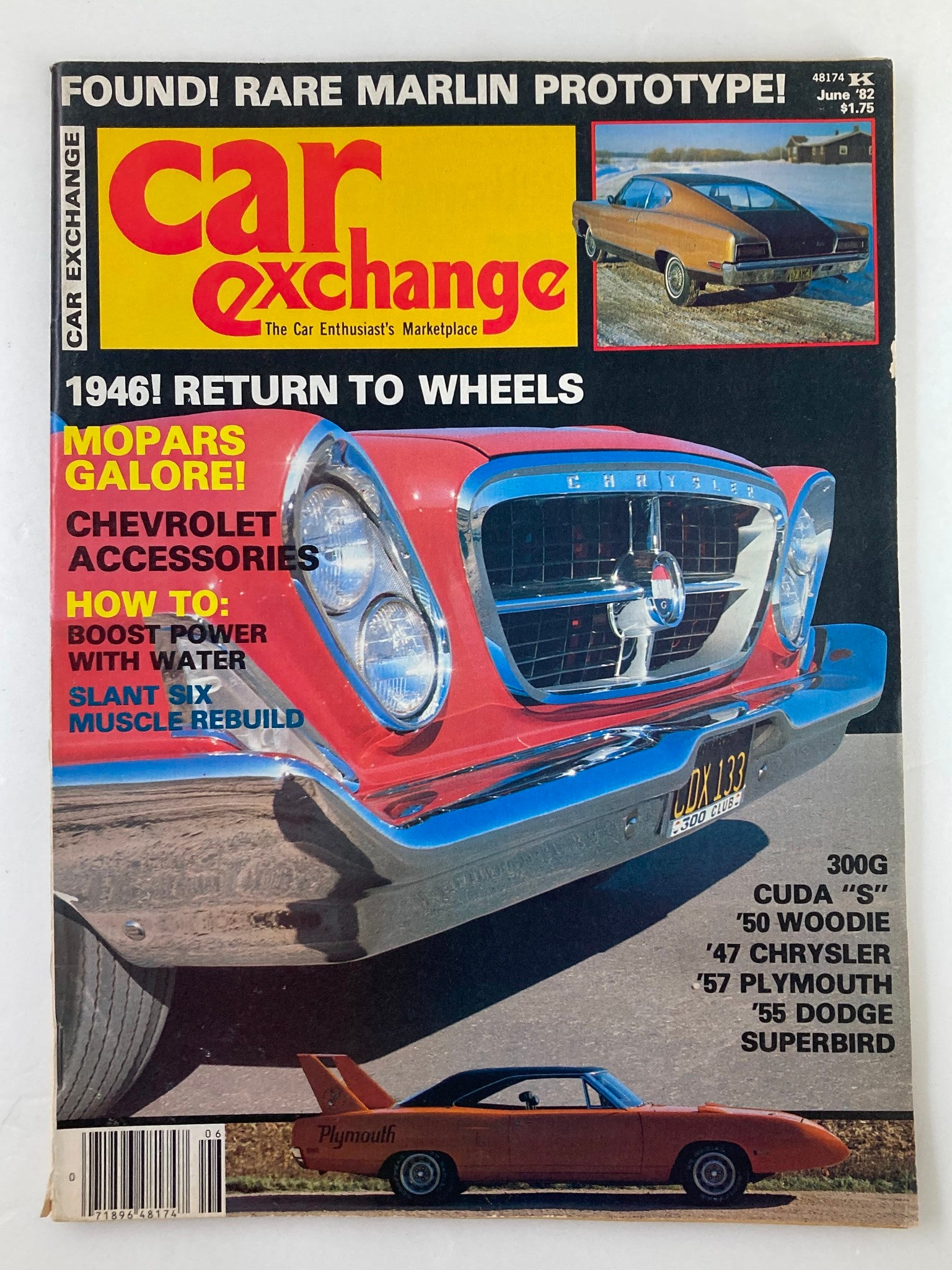 Cover of VTG Car Exchange Magazine from June 1982, Volume 4 Issue 6, featuring a Chrysler 300G and classic automobiles. The magazine showcases automotive culture and collectibles, enticing car enthusiasts.