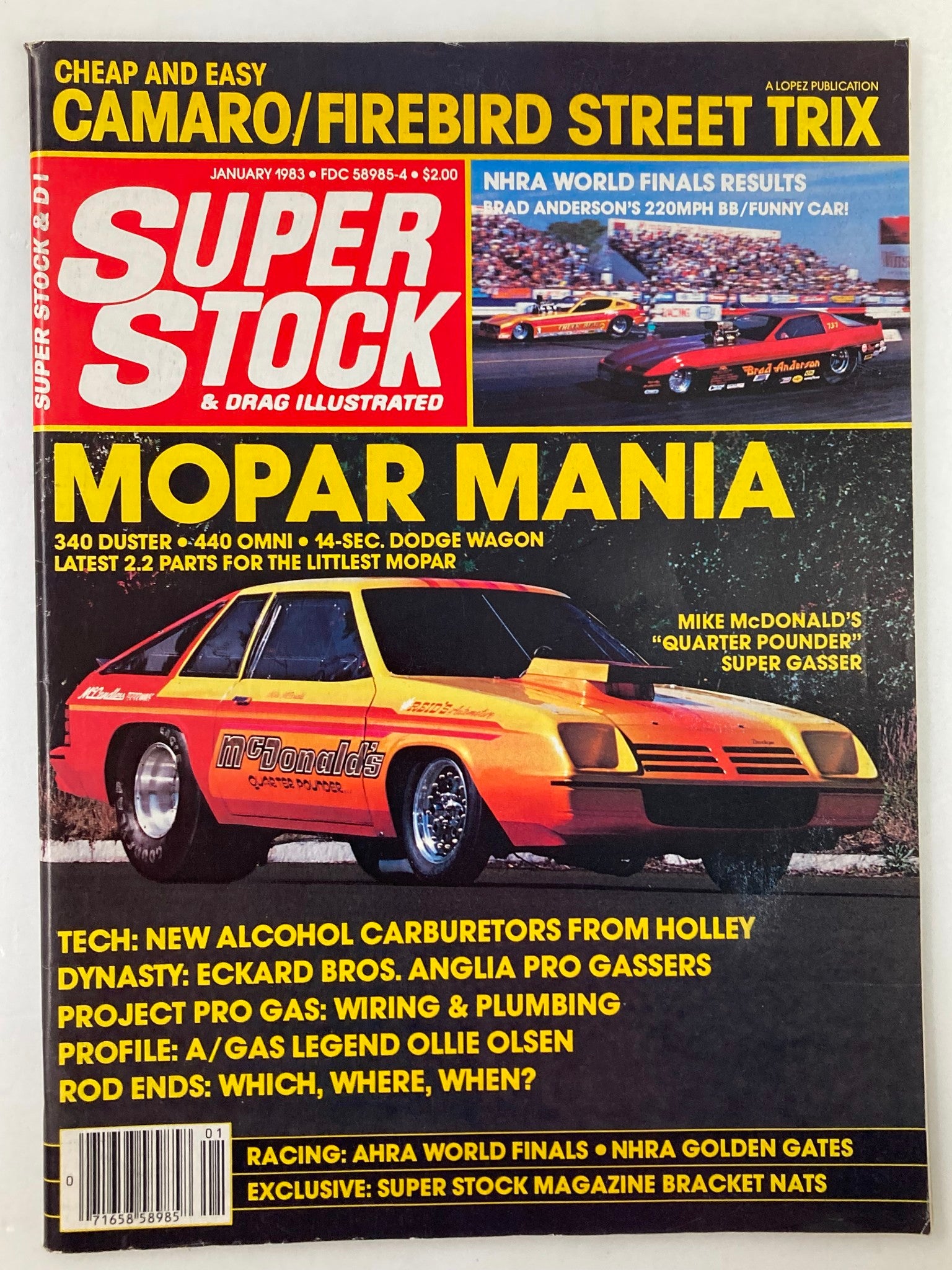 Cover image of VTG Super Stock & Drag Illustrated Magazine January 1983 featuring 'Mopar Mania' theme, showcasing a colorful Dodge Omni Super Gasser and drag racing highlights.