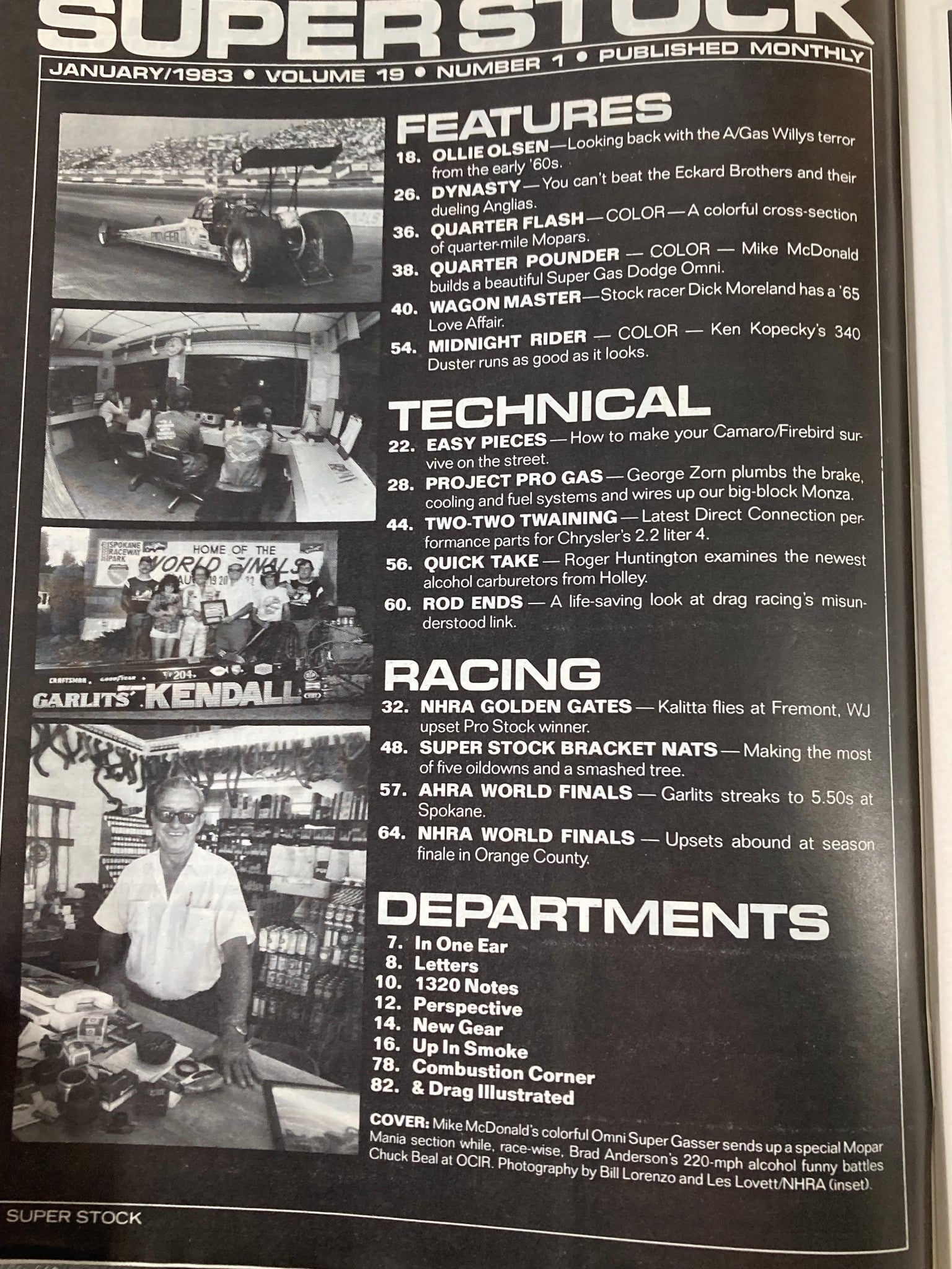 Inside page of VTG Super Stock & Drag Illustrated Magazine January 1983 displaying article features and content sections about drag racing and Mopar performance vehicles.
