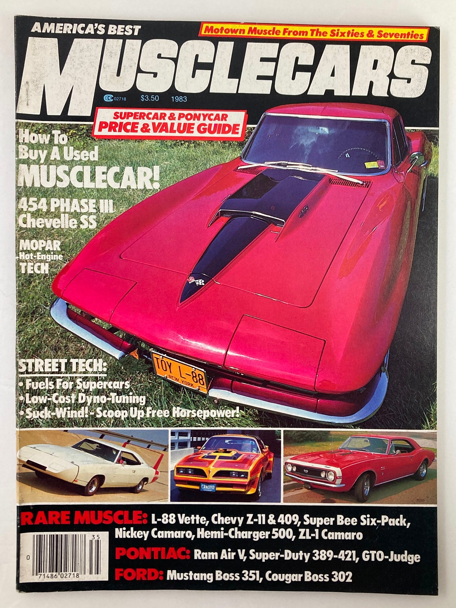 Cover of VTG America's Best Musclecars 1983 Vol 1 #1 magazine featuring a vibrant red Chevelle SS on the front, highlighting topics like low-cost dyno-tuning and muscle car purchasing tips.