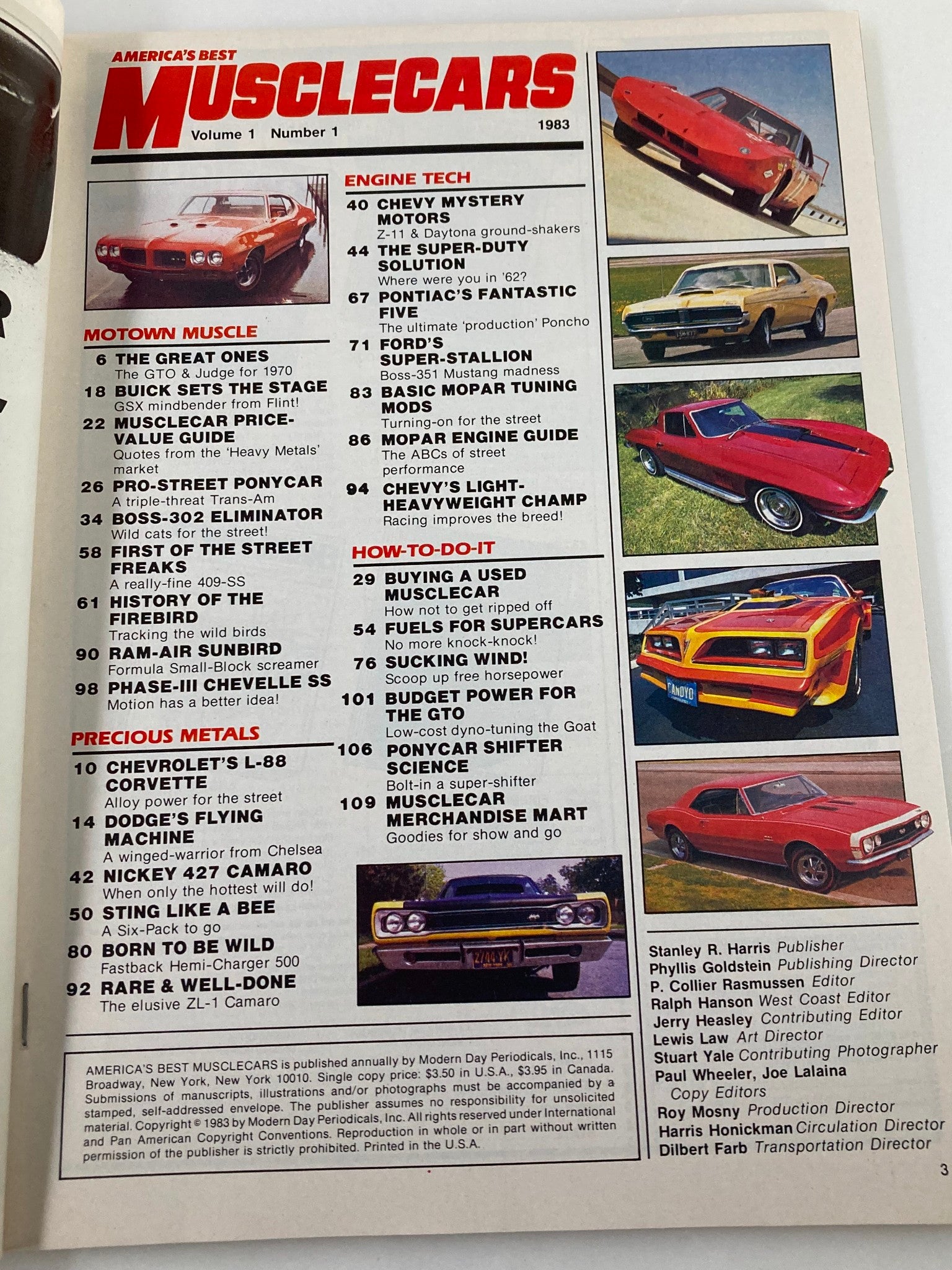 Interior page of VTG America's Best Musclecars 1983 Vol 1 #1 magazine displaying the table of contents, showcasing articles about various iconic muscle cars and performance modifications.