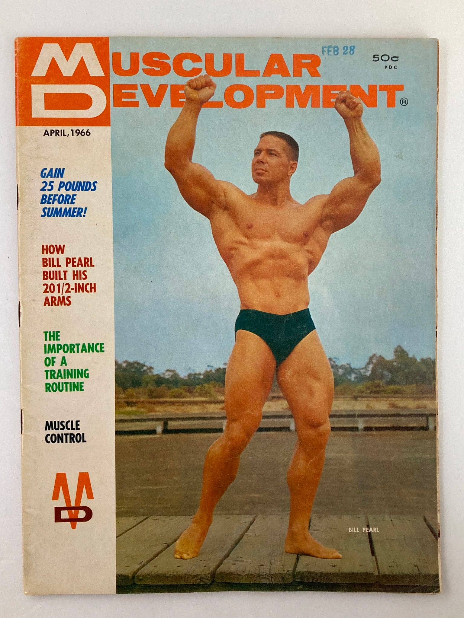 VTG Muscular Development Magazine April 1966 cover featuring bodybuilder Bill Pearl in a muscle control pose, highlighting iconic fitness content.