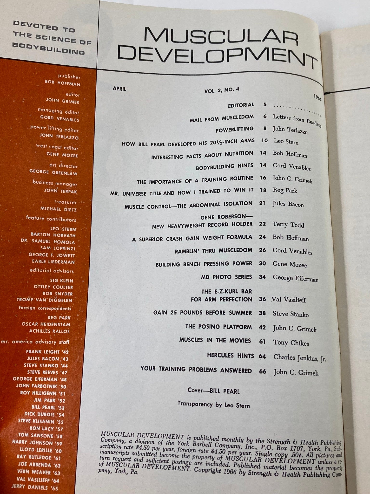 Inside page of VTG Muscular Development Magazine April 1966 displaying the table of contents with various bodybuilding articles, emphasizing its historical significance.