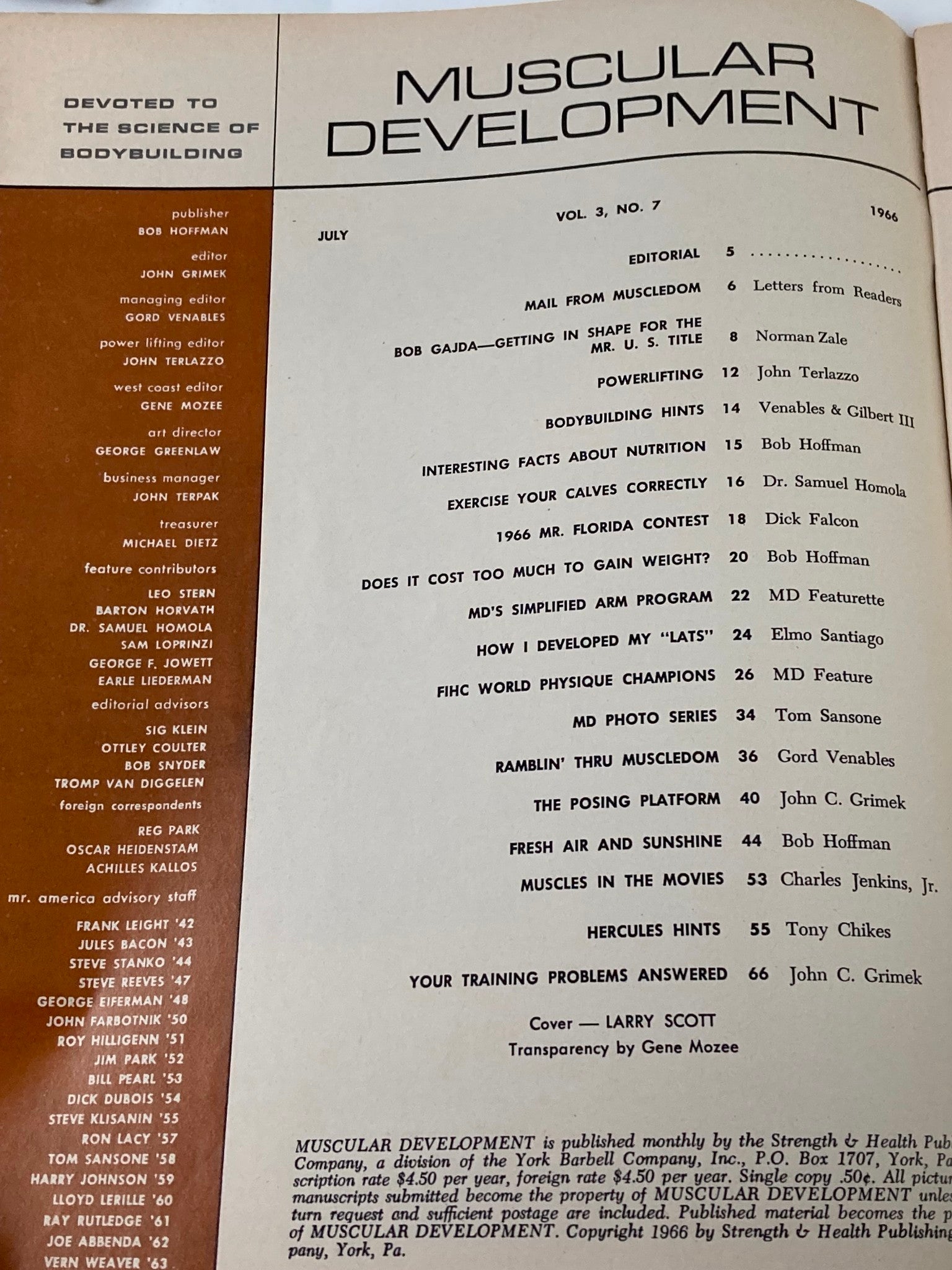 Inside page of VTG Muscular Development Magazine July 1966, Vol 3 #7 displaying the contents and articles related to bodybuilding and fitness.