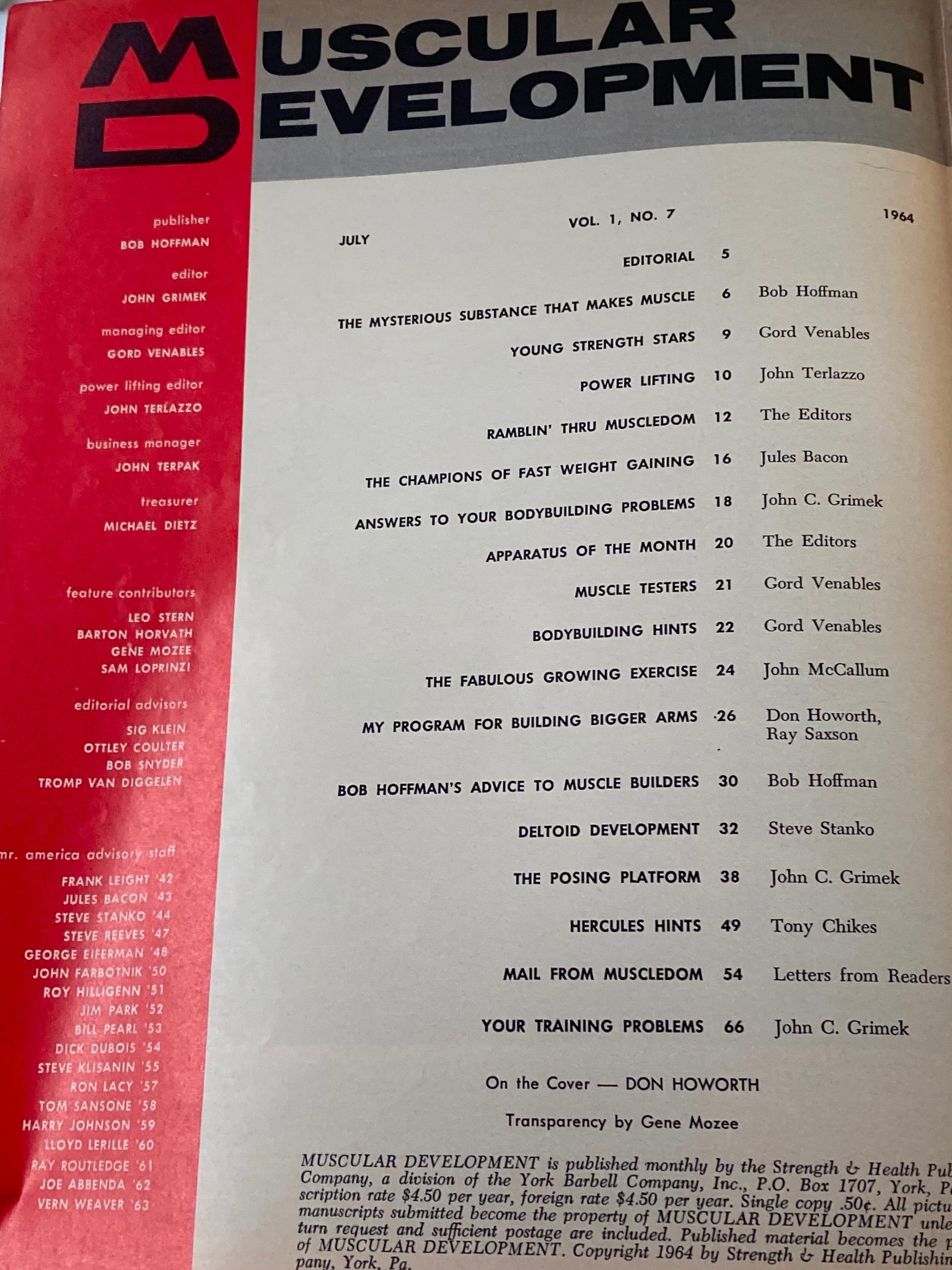 Inside page of VTG Muscular Development Magazine July 1964, Volume 1, Issue 7, displaying the table of contents and editorial details.