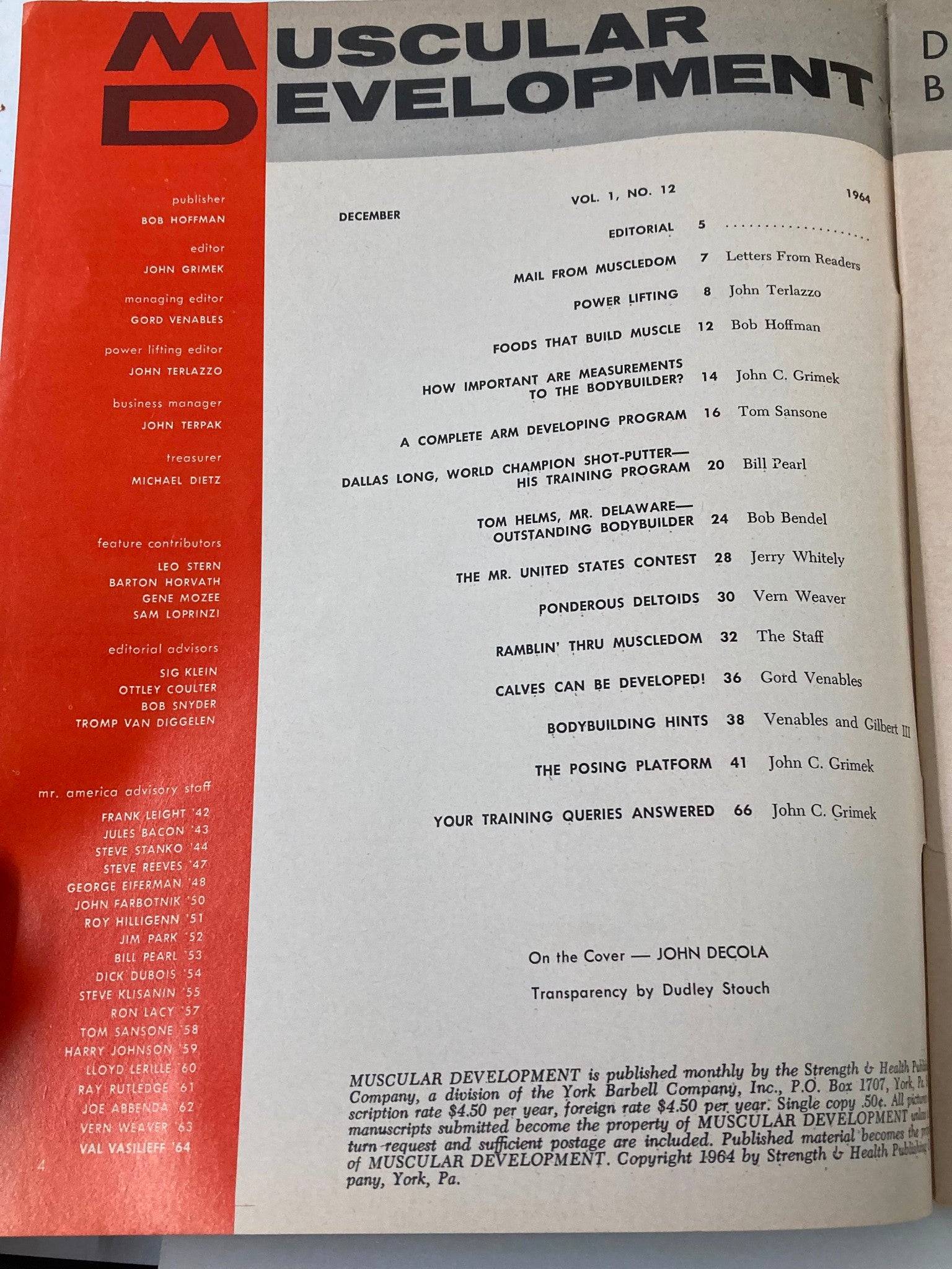 Inside page of VTG Muscular Development Magazine December 1964 displaying the table of contents, highlighting various bodybuilding articles and features from that era.