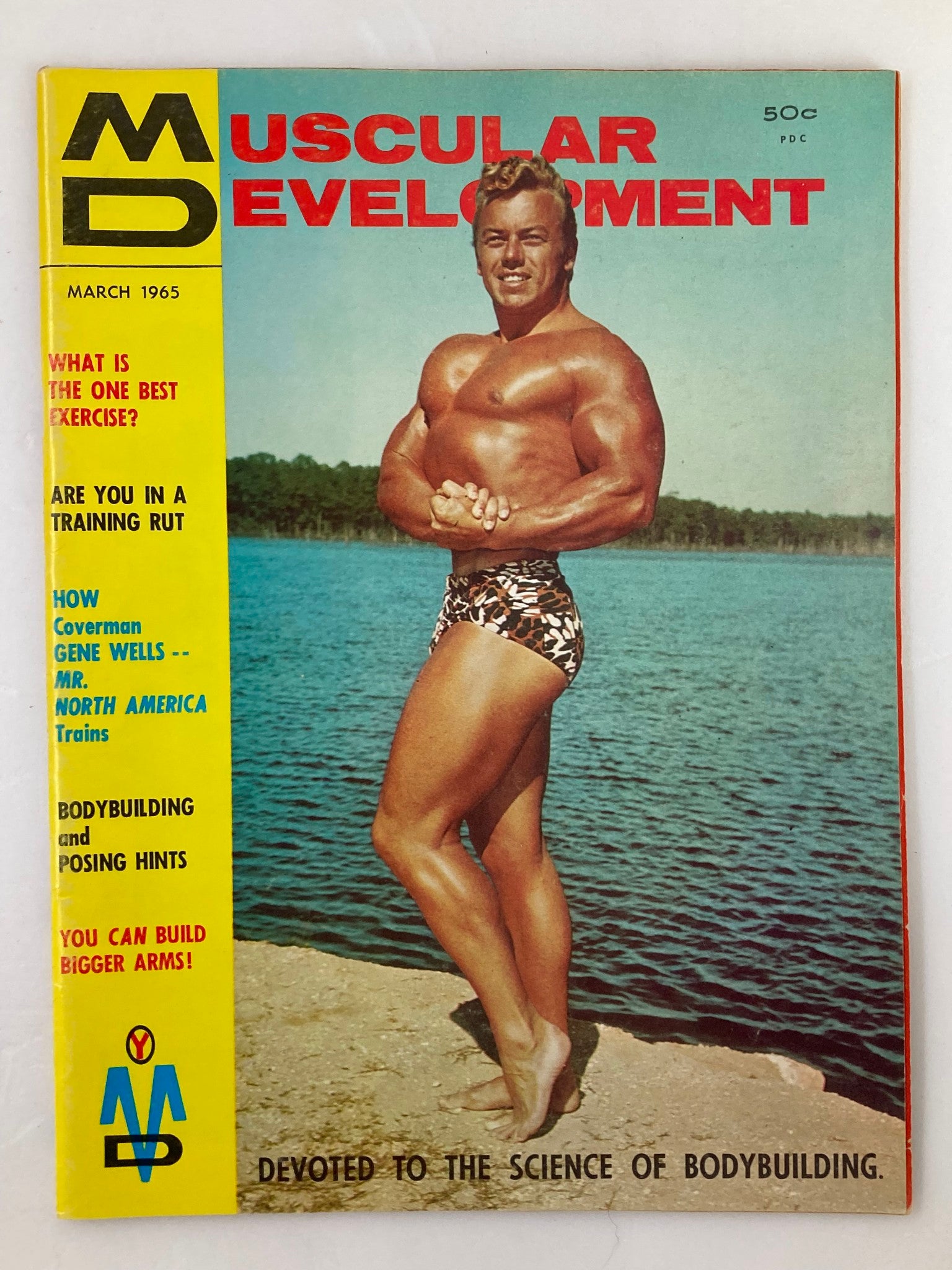 Cover of VTG Muscular Development Magazine March 1965 Vol 2 #3 featuring Gene Wells showcasing bodybuilding in front of a lake. A colorful layout with bold titles, reflecting vintage fitness culture.