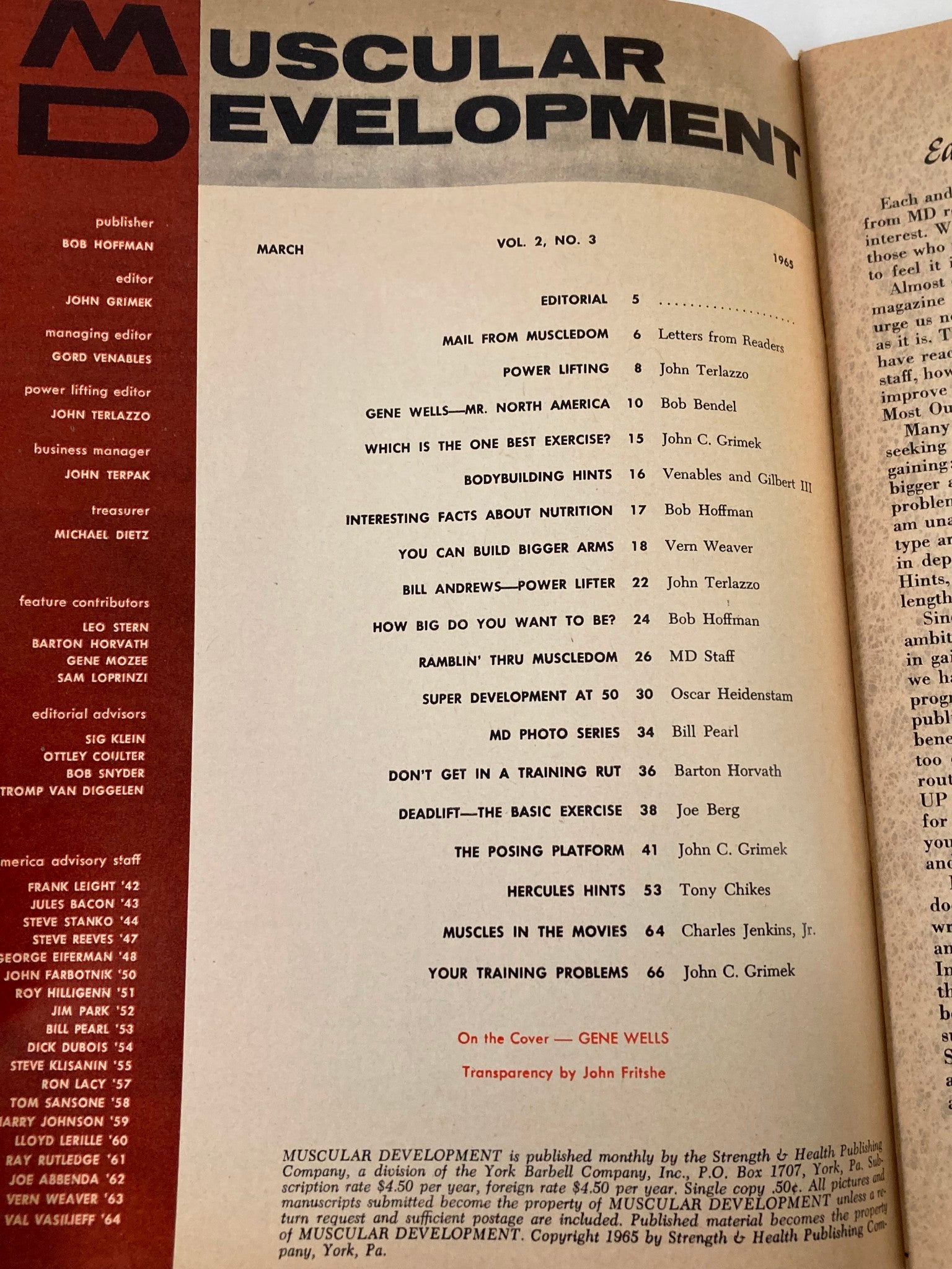 Inside page of VTG Muscular Development Magazine March 1965 Vol 2 #3 displaying the magazine's editorial section and contents list. The page exhibits classic design elements from the 1960s bodybuilding era.