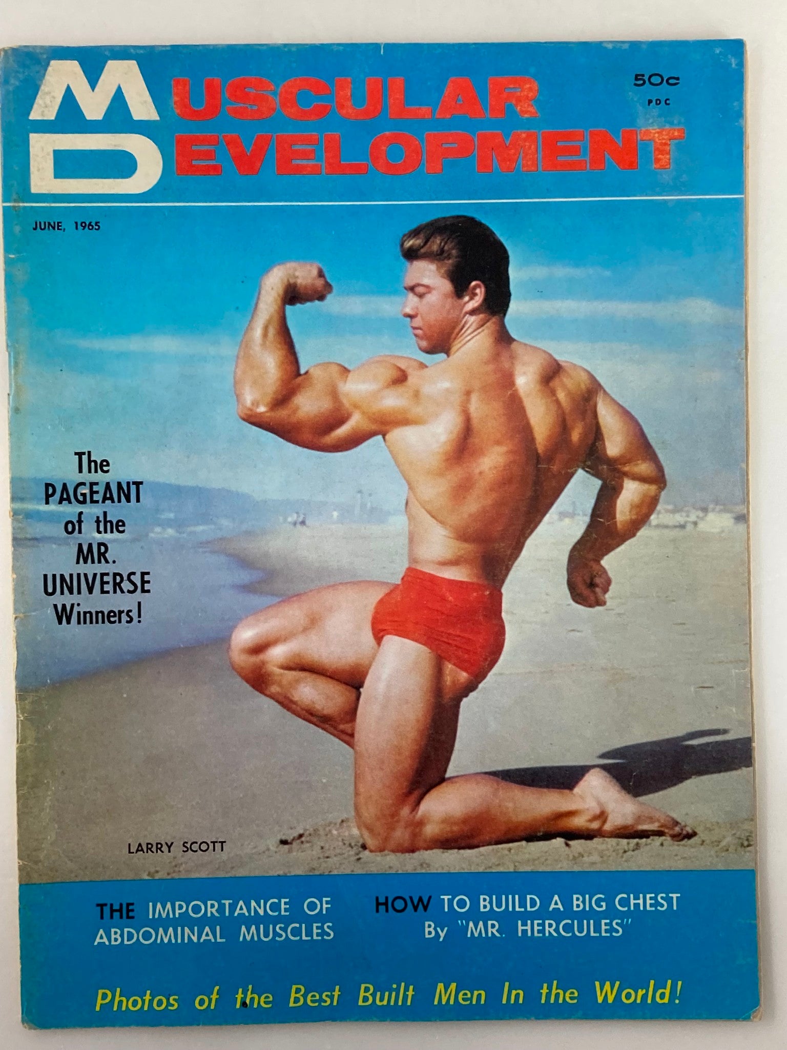 Cover of VTG Muscular Development Magazine June 1965 Vol 2 #6 featuring Larry Scott showcasing bodybuilding poses, with articles on abdominal muscles and building a big chest.