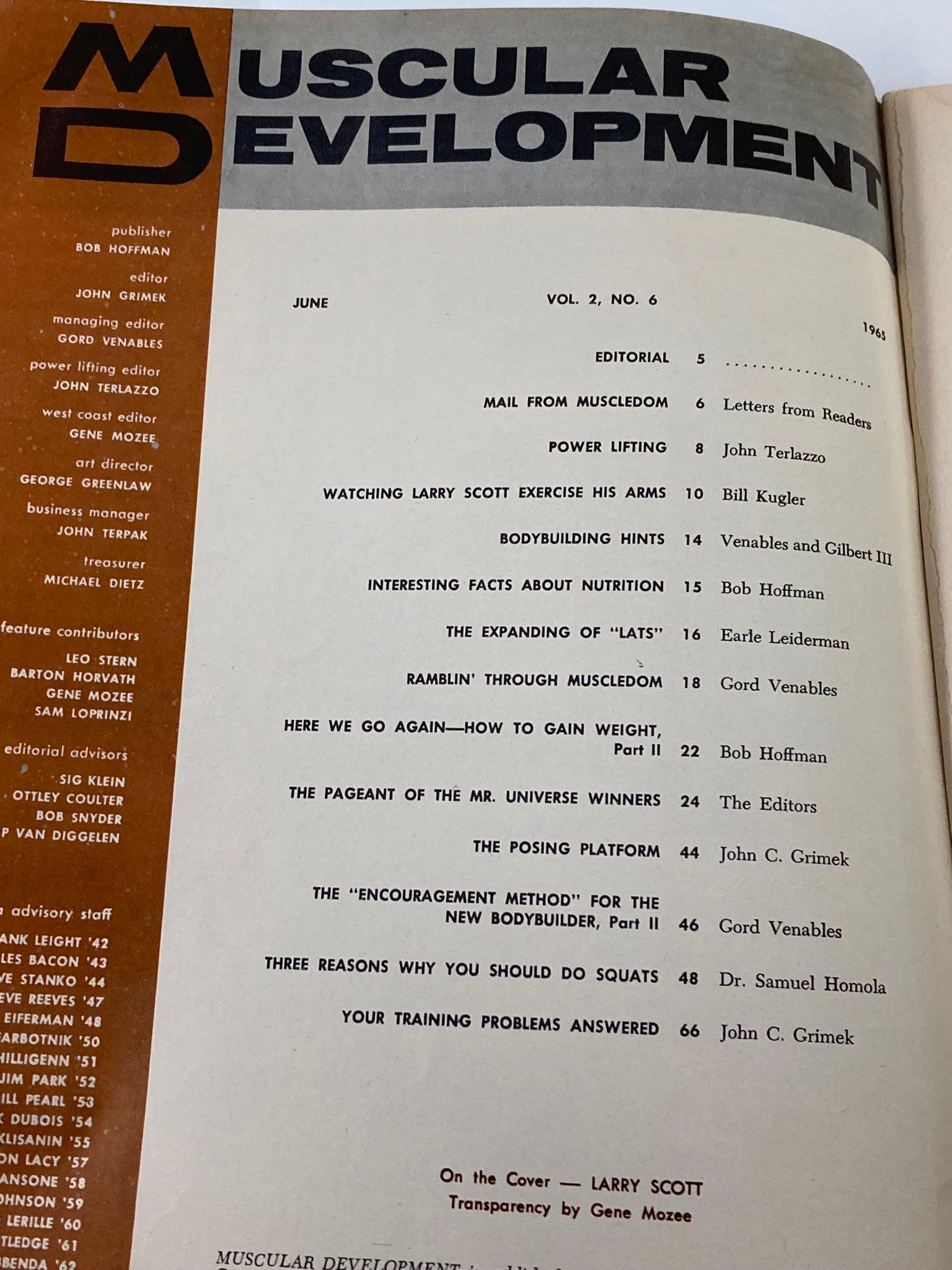 Inside page of VTG Muscular Development Magazine June 1965 Vol 2 #6 showcasing the editorial section and contents, including articles on bodybuilding tips and nutrition.