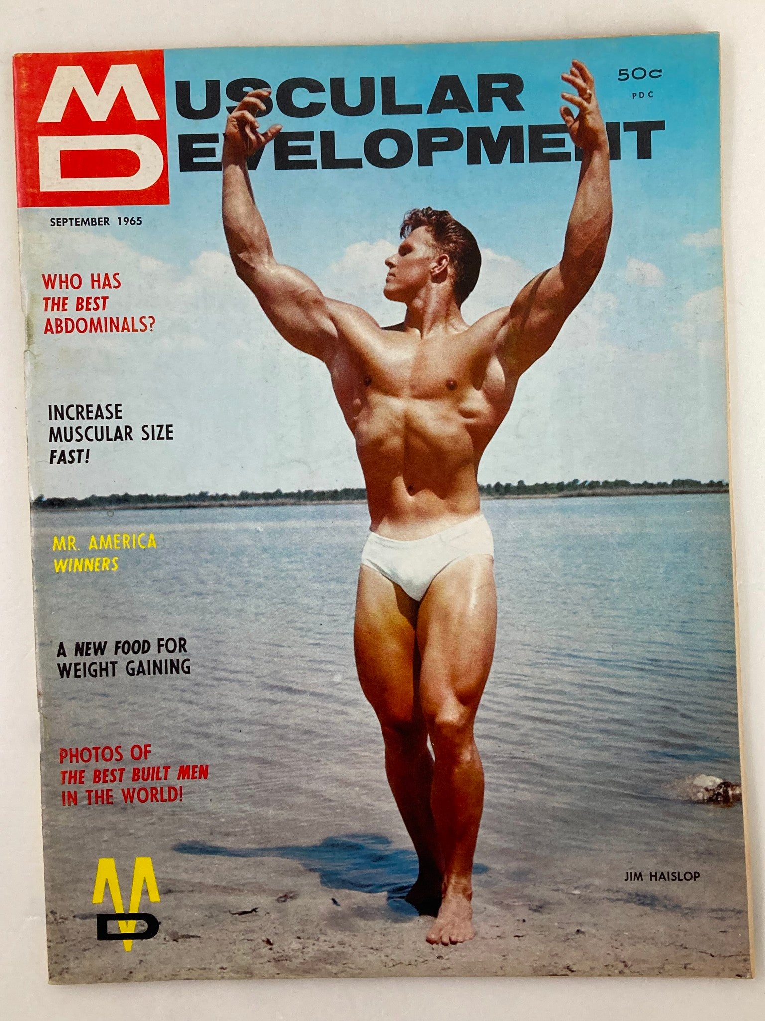 Cover of VTG Muscular Development Magazine September 1965, Vol 2 #9 featuring Jim Haislop showcasing classic bodybuilding aesthetics.