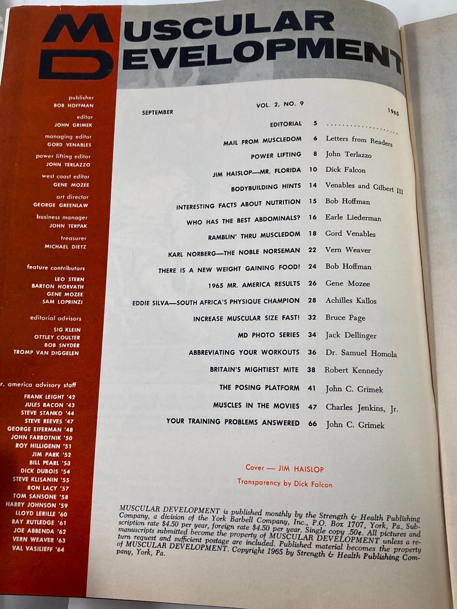 Inside page of VTG Muscular Development Magazine September 1965, Vol 2 #9, displaying contents and editorial list, highlighting Jim Haislop and bodybuilding topics.