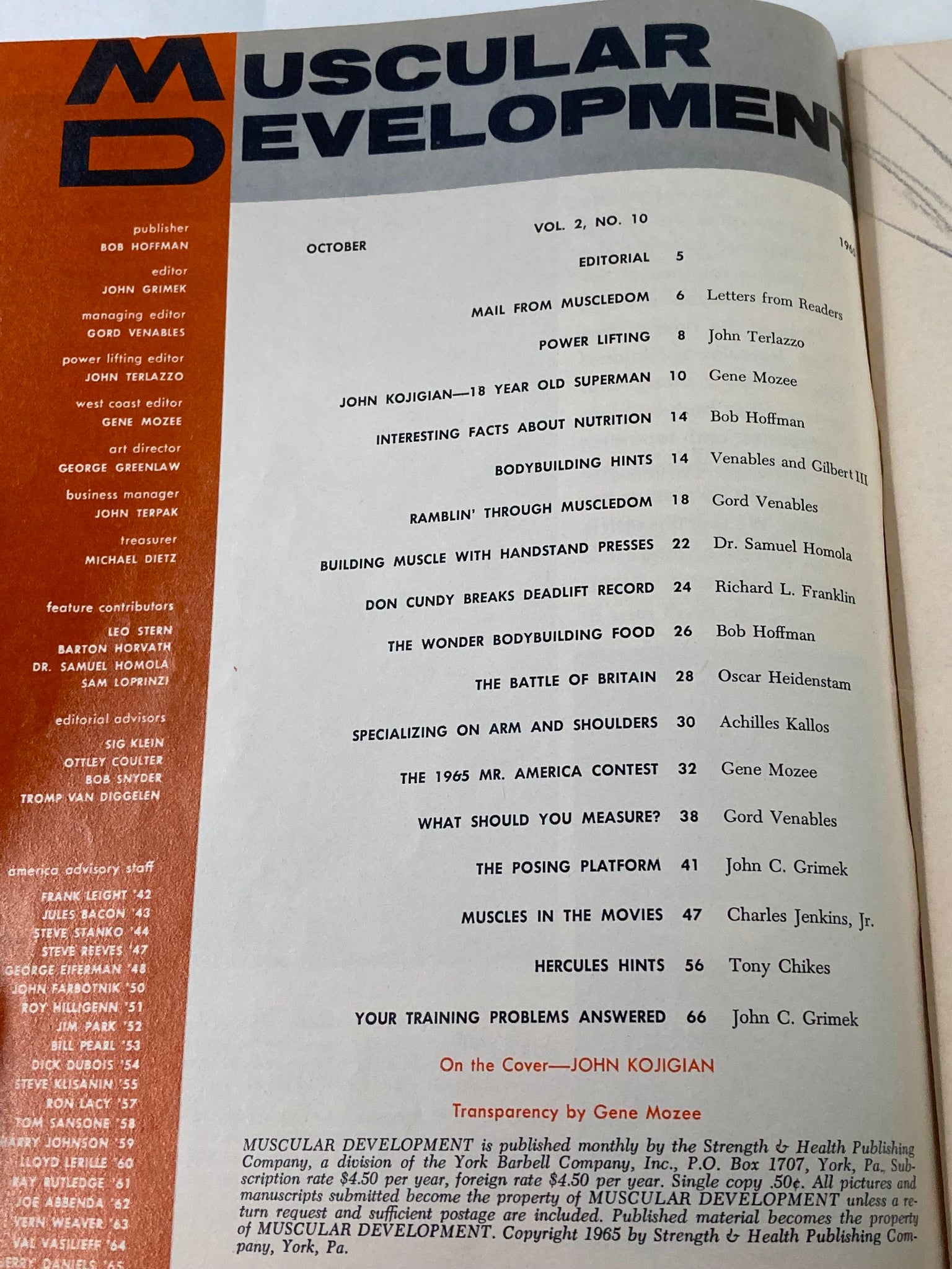Inside contents page of VTG Muscular Development Magazine October 1965, Volume 2 Issue 10, detailing articles and features related to bodybuilding and fitness.