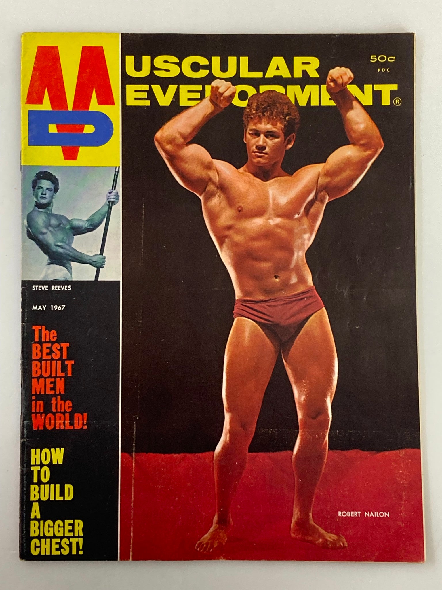 Cover of VTG Muscular Development Magazine May 1967 Vol 4 #5 featuring Robert Nailon showcasing bodybuilding culture with vibrant graphics and fitness insights.