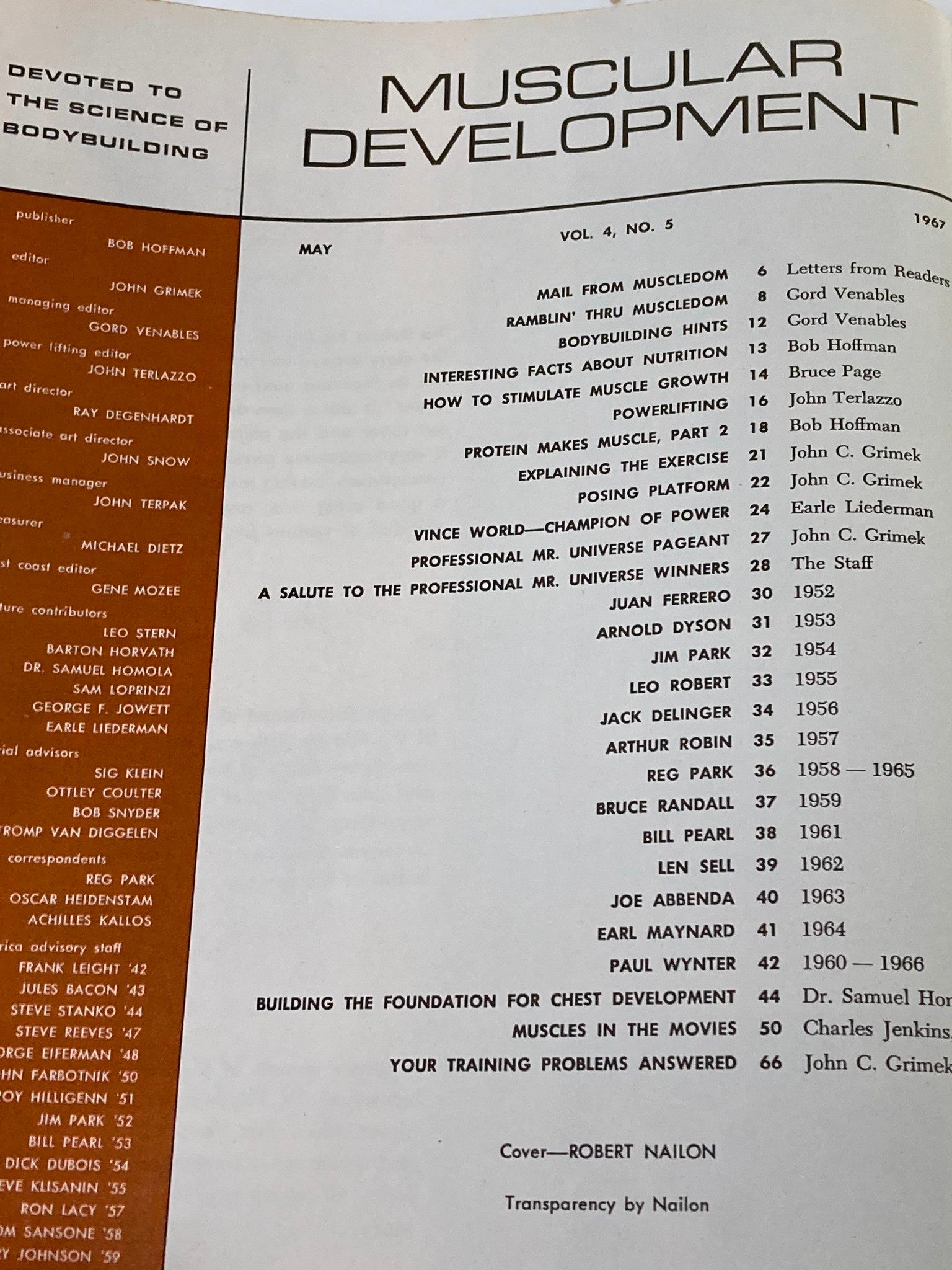 Inside page of VTG Muscular Development Magazine May 1967 Vol 4 #5 detailing articles and features about bodybuilding, nutrition, and fitness.