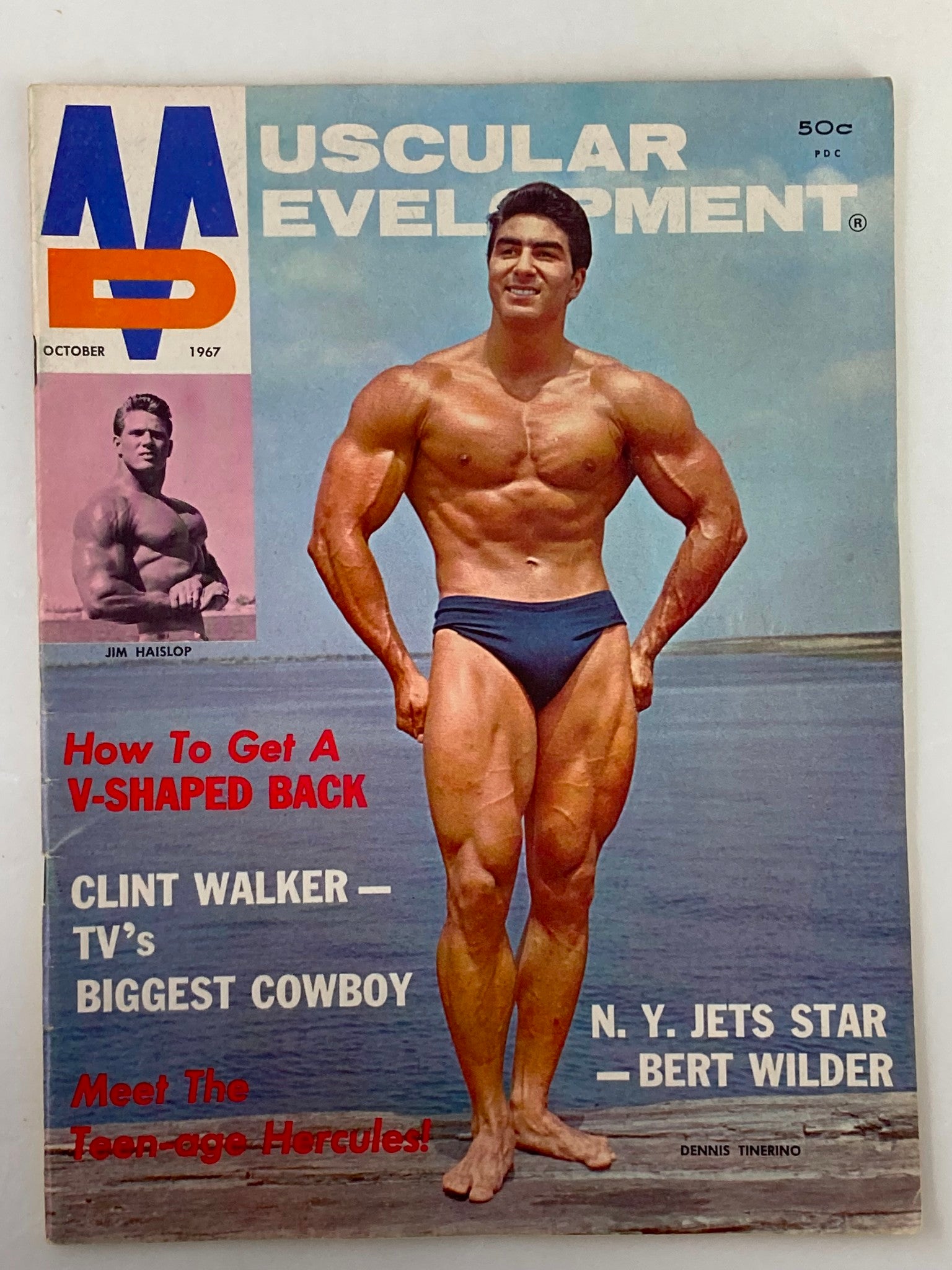 VTG Muscular Development Magazine October 1967 cover featuring Dennis Tinerino showcasing a muscular physique with a V-shaped back, alongside text highlighting fitness topics and notable figures in bodybuilding.