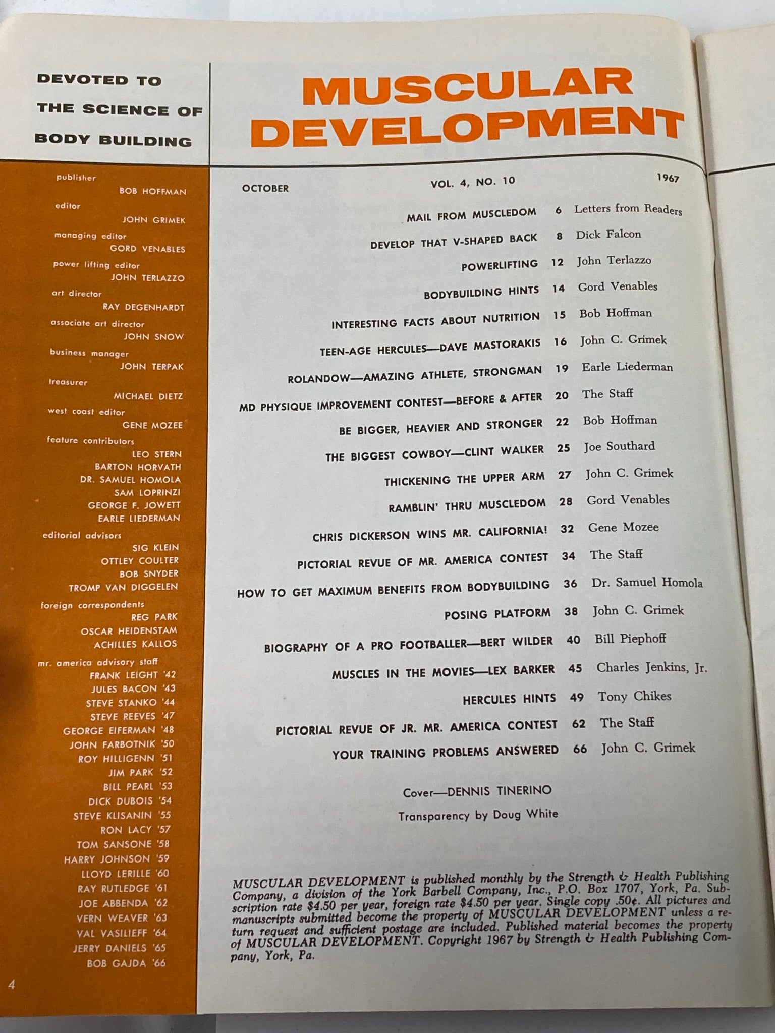 Inside view of the VTG Muscular Development Magazine October 1967, Volume 4, Issue 10, displaying the table of contents and credits, highlighting bodybuilding articles and contributors.