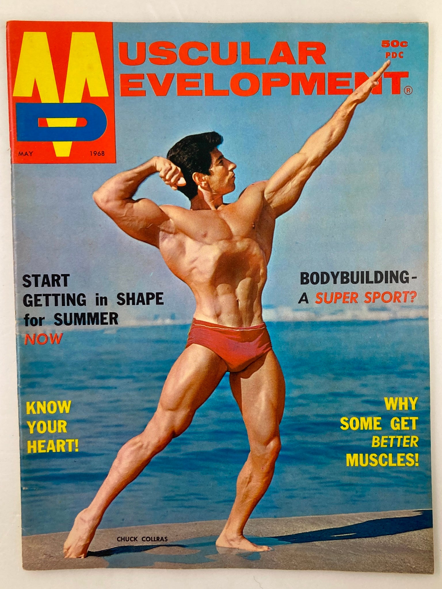 VTG Muscular Development Magazine cover from May 1968, Volume 5, Issue 5, featuring Chuck Collras striking a bodybuilding pose.