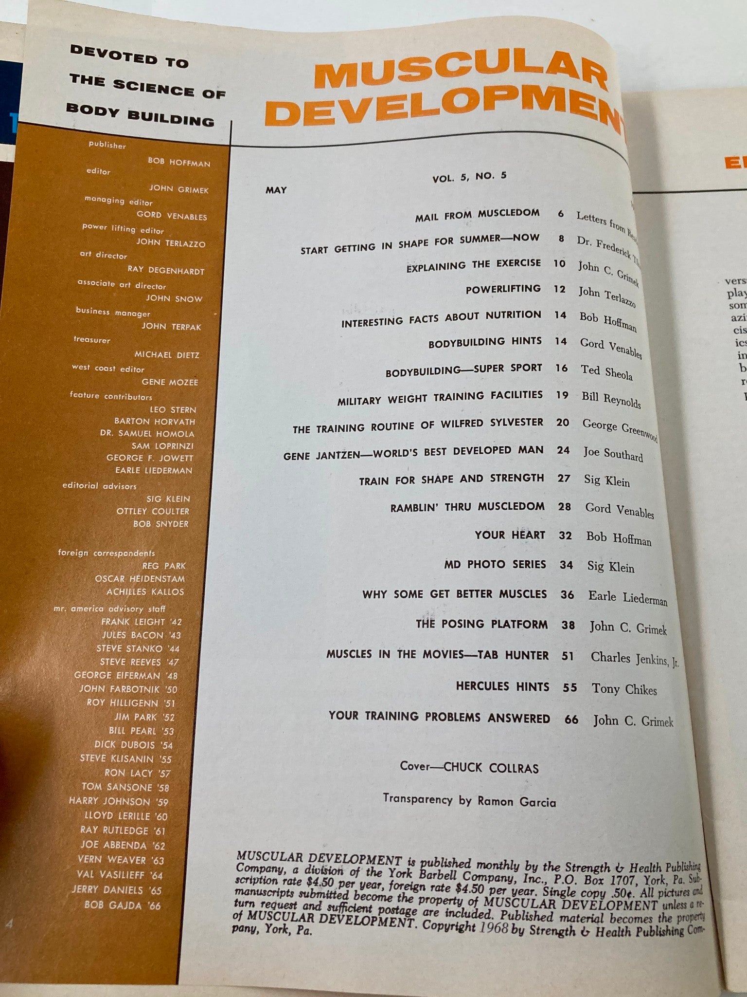 Inside page of VTG Muscular Development Magazine, May 1968, showcasing the table of contents and editorial details.