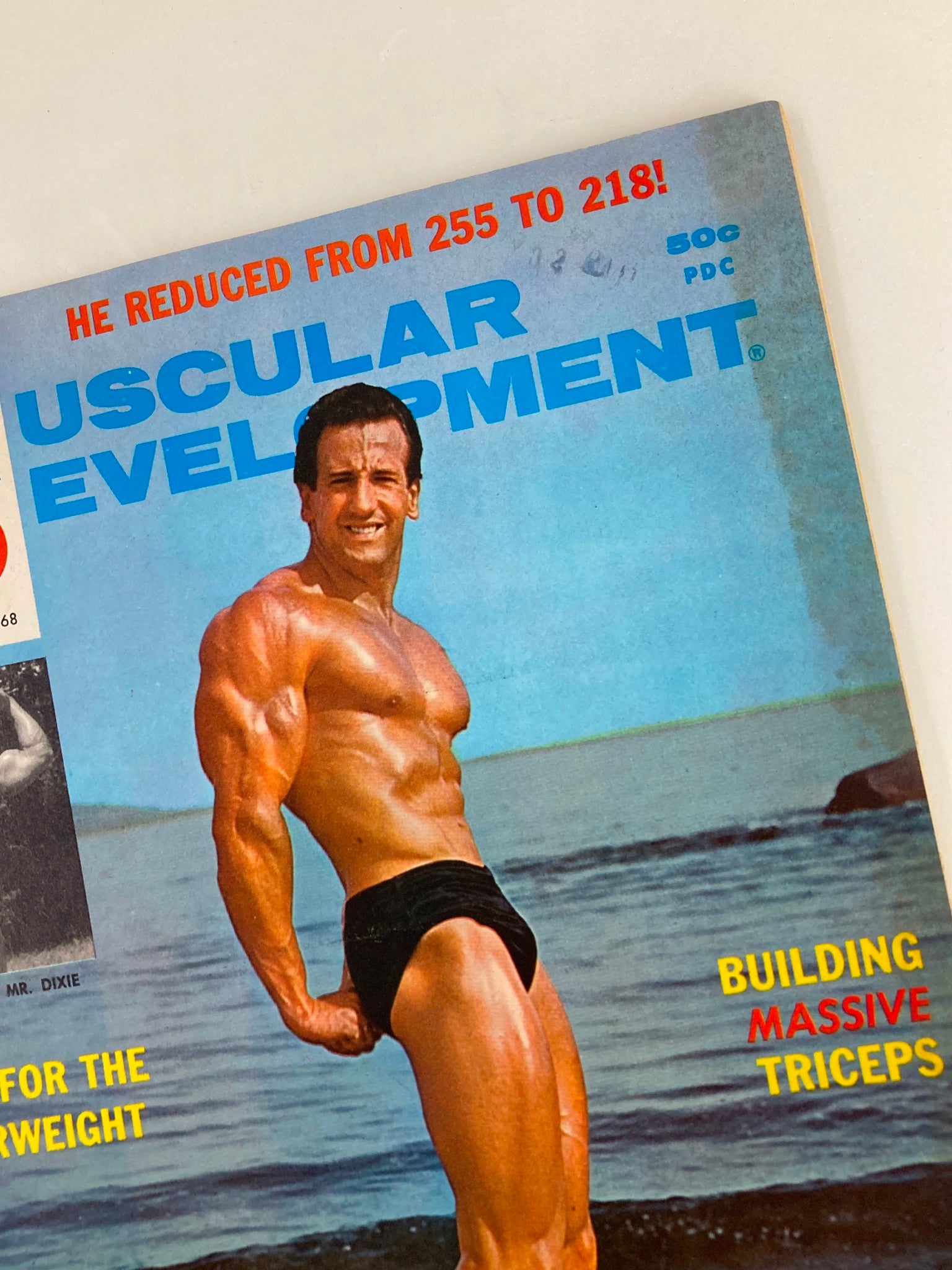 Close-up of the cover of VTG Muscular Development Magazine June 1968 Vol 5 #6, prominently displaying Dan Mackey's muscular physique along with headlines about weight loss and bodybuilding strategies.