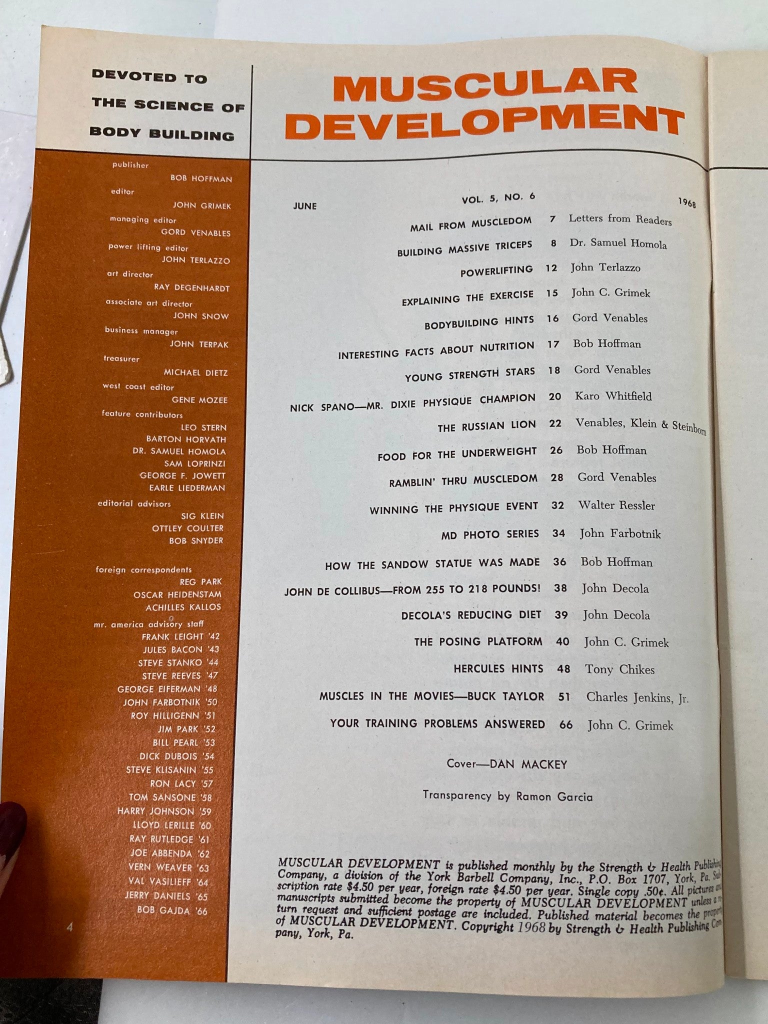Interior page of VTG Muscular Development Magazine June 1968 Vol 5 #6 featuring the contents list, showcasing articles on bodybuilding techniques, nutrition, and fitness insights from the 1960s.