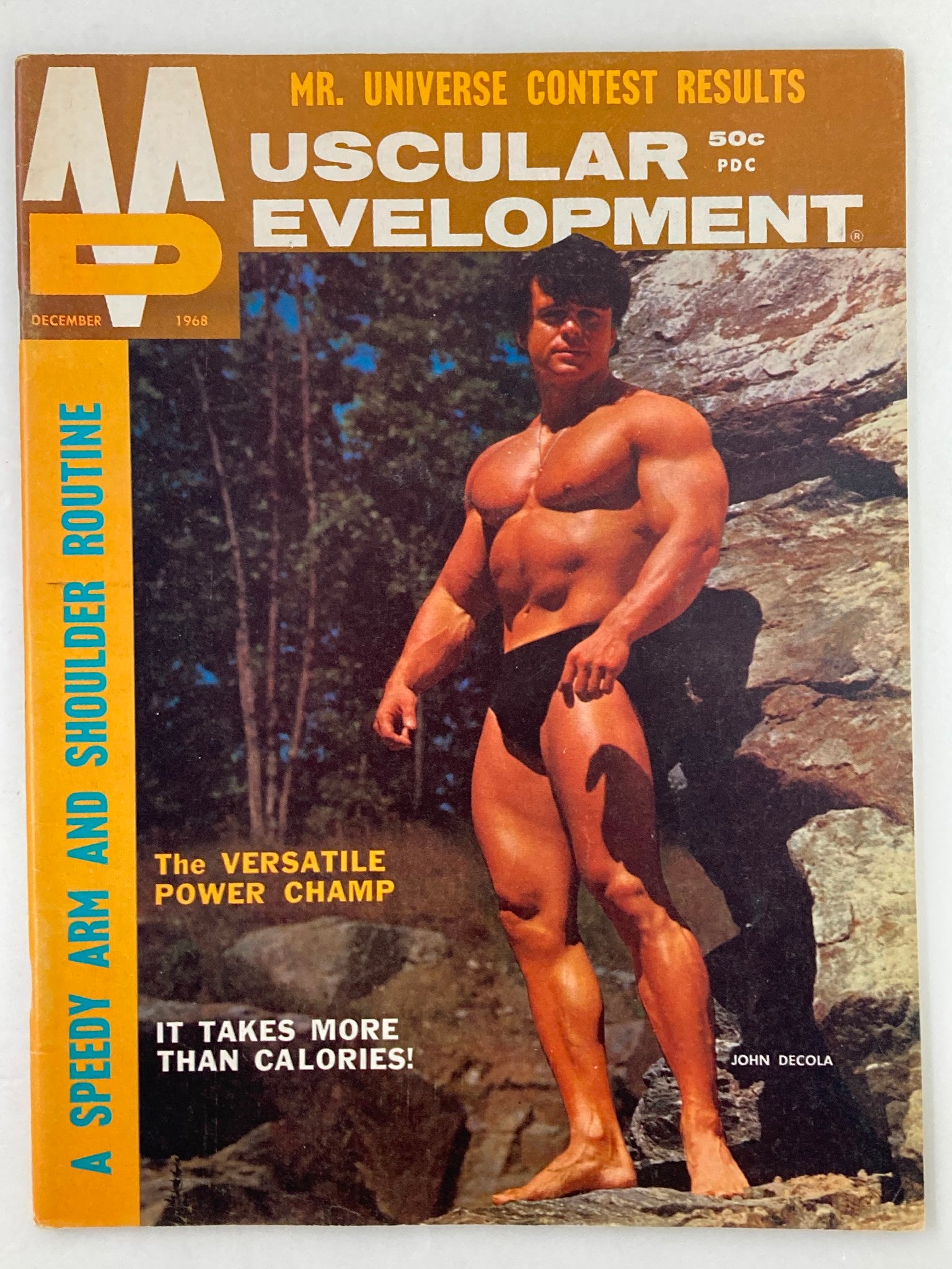 VTG Muscular Development Magazine December 1968 featuring John Decola on the cover, highlighting bodybuilding culture from the '60s.
