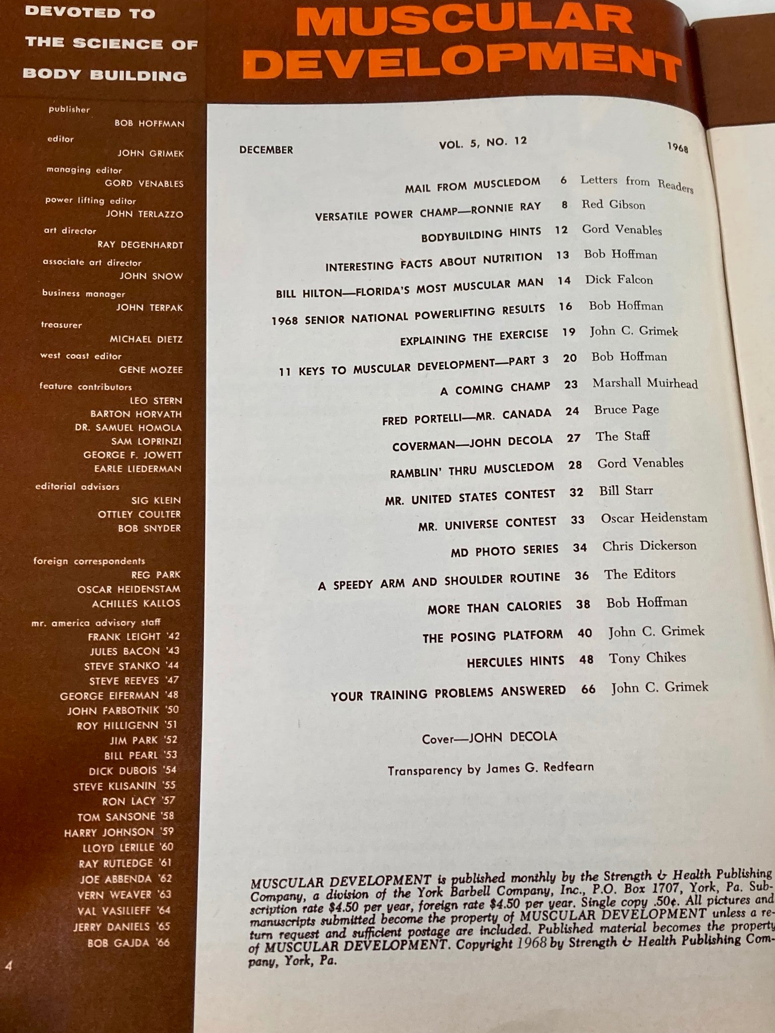 Inside page of VTG Muscular Development Magazine December 1968, detailing contents and features from Volume 5, Issue 12.