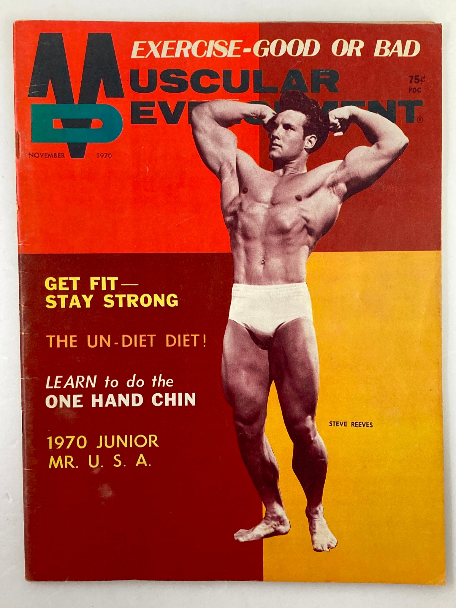 Cover of VTG Muscular Development Magazine November 1970 Vol 7 #11 featuring bodybuilder Steve Reeves, showcasing bold headlines and fitness topics related to bodybuilding.
