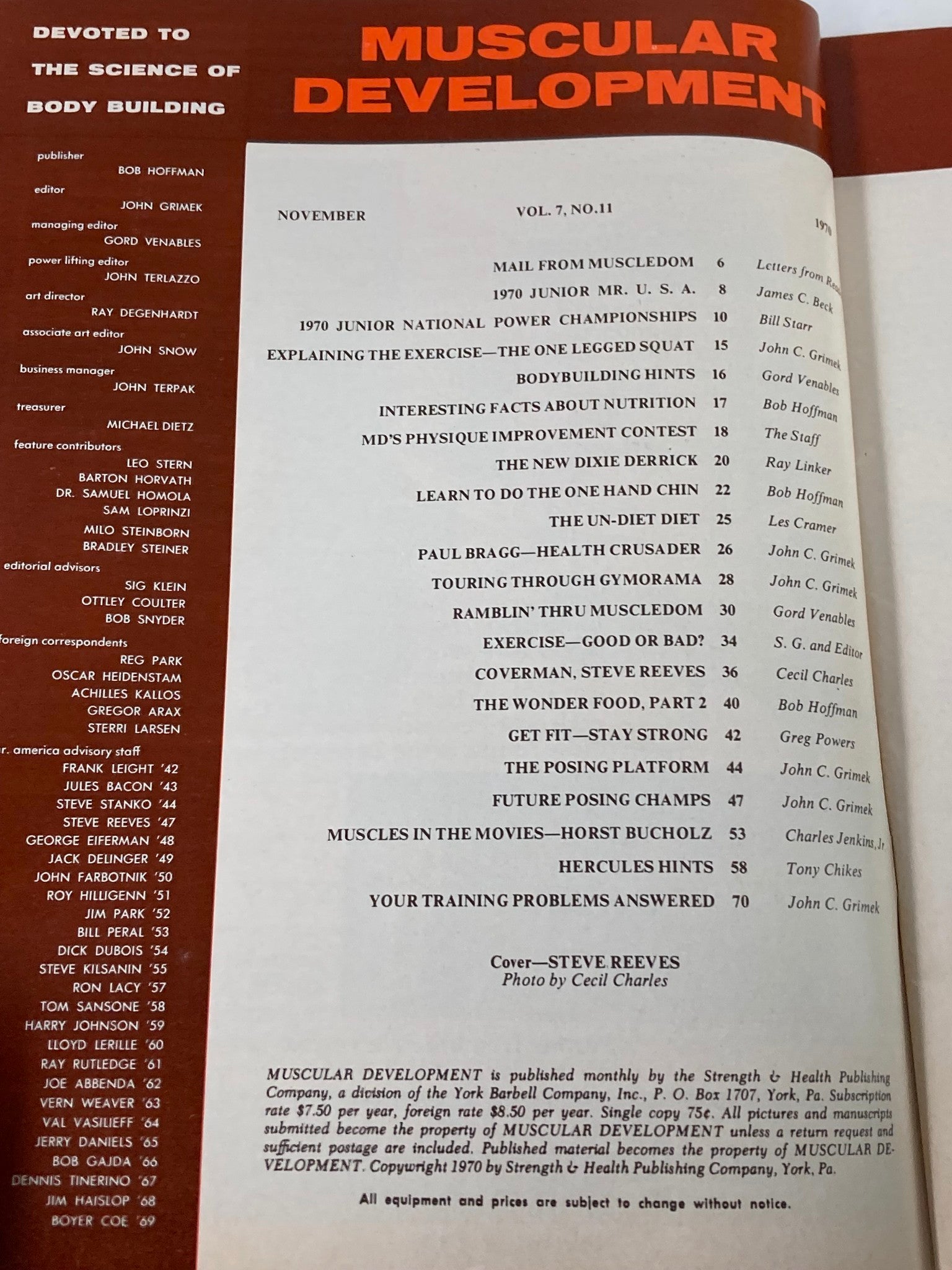 Contents page of VTG Muscular Development Magazine November 1970 Vol 7 #11 featuring Steve Reeves. The page lists articles on bodybuilding, nutrition, fitness, and more, reflecting the fitness culture of the early 1970s.
