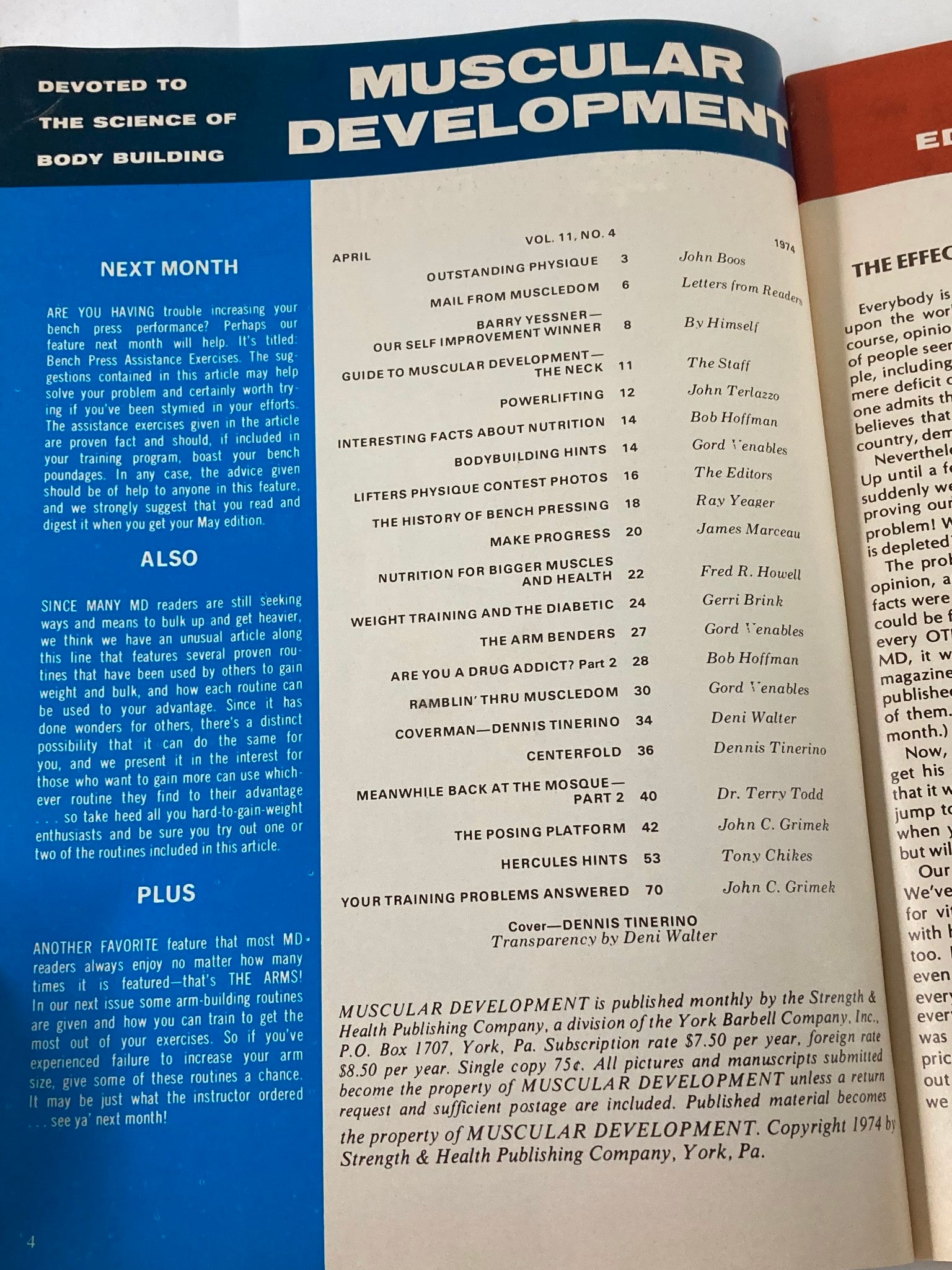 Inside page of VTG Muscular Development Magazine April 1974 Vol 11 #4 displaying the table of contents and articles related to bodybuilding, nutrition, and training, emphasizing the magazine's role in fitness history.