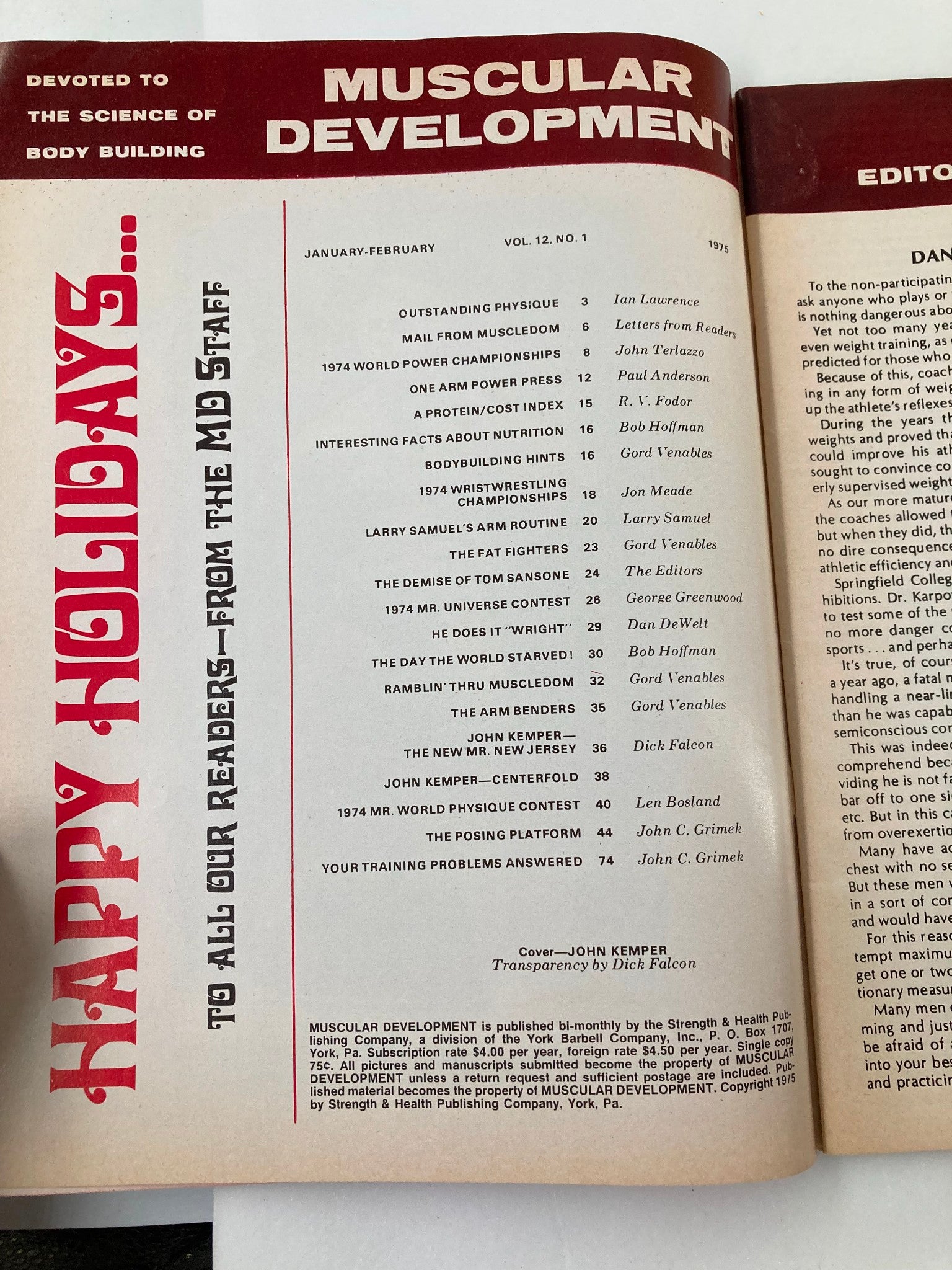 Interior page of VTG Muscular Development Magazine January 1975 Vol 12 #1 showcasing the table of contents highlighting various bodybuilding articles.