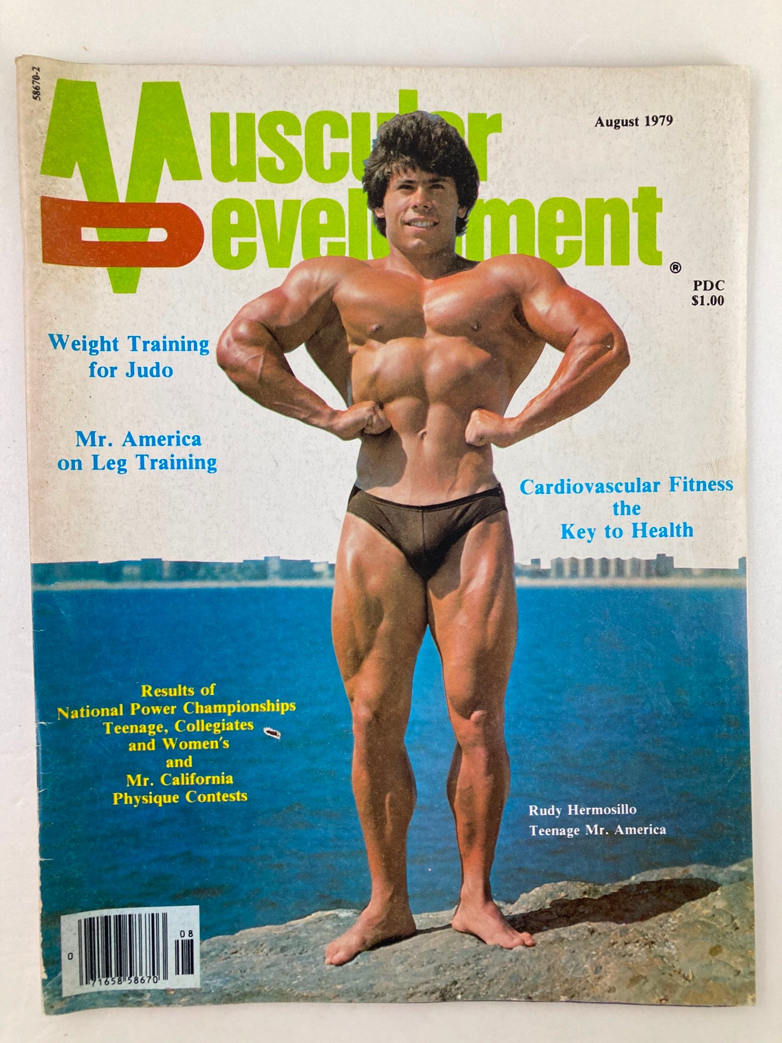 VTG Muscular Development Magazine August 1979 Vol 16 #4 featuring Rudy Hermosillo on the cover, showcasing bodybuilding culture with a muscular model near water in a fitness-themed layout.