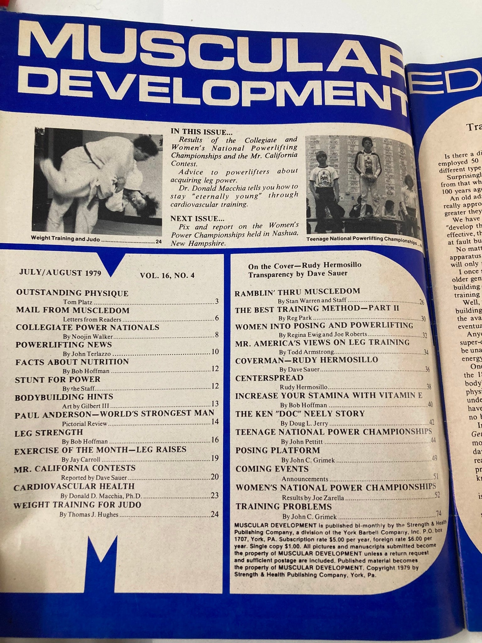 Interior view of VTG Muscular Development Magazine August 1979, Vol 16 #4, showcasing contents and articles related to bodybuilding, including features on Rudy Hermosillo, powerlifting, and fitness training.