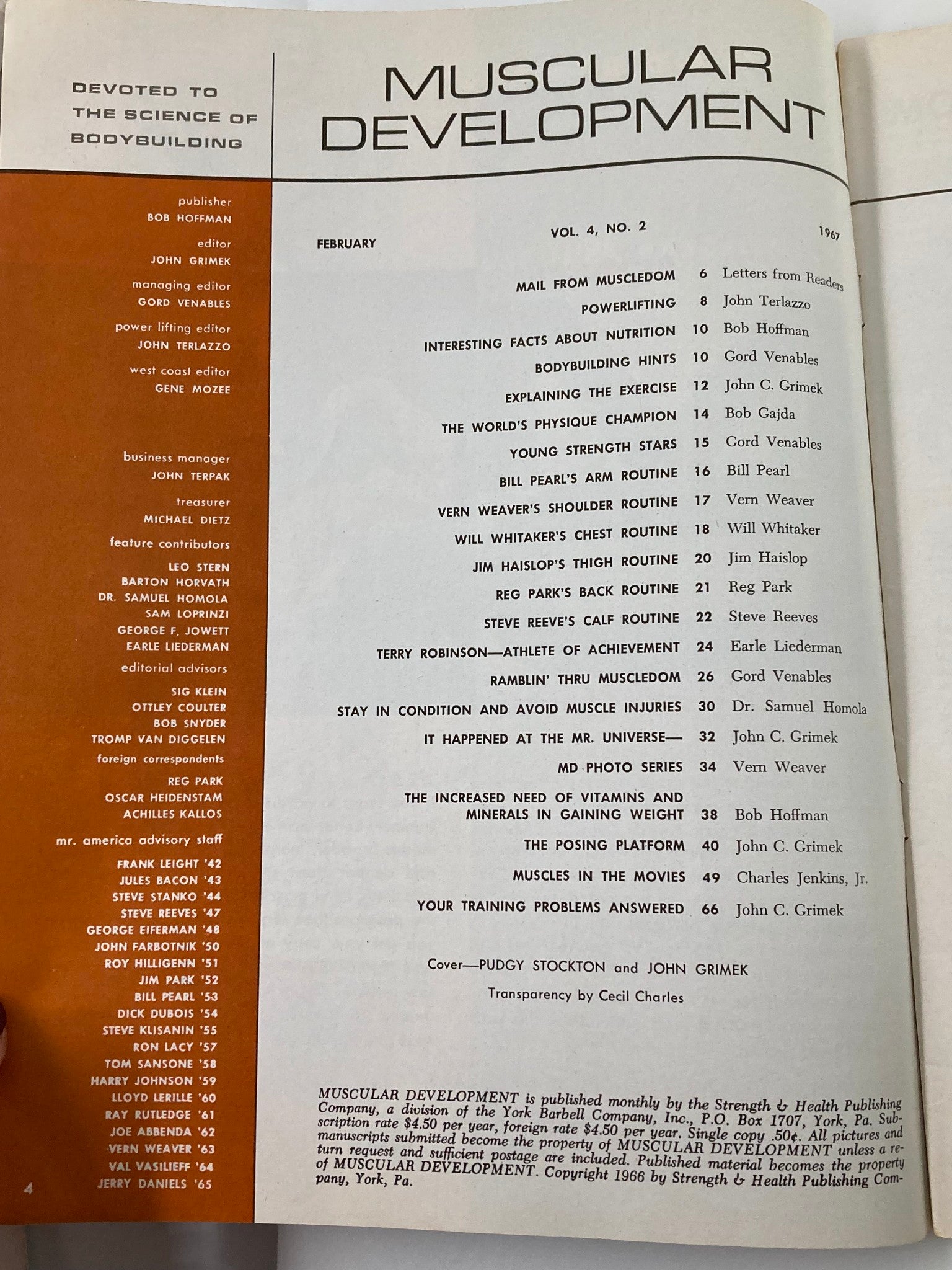 Inside page of VTG Muscular Development Magazine February 1967, Volume 4 Number 2, showcasing articles dedicated to bodybuilding techniques and nutrition.