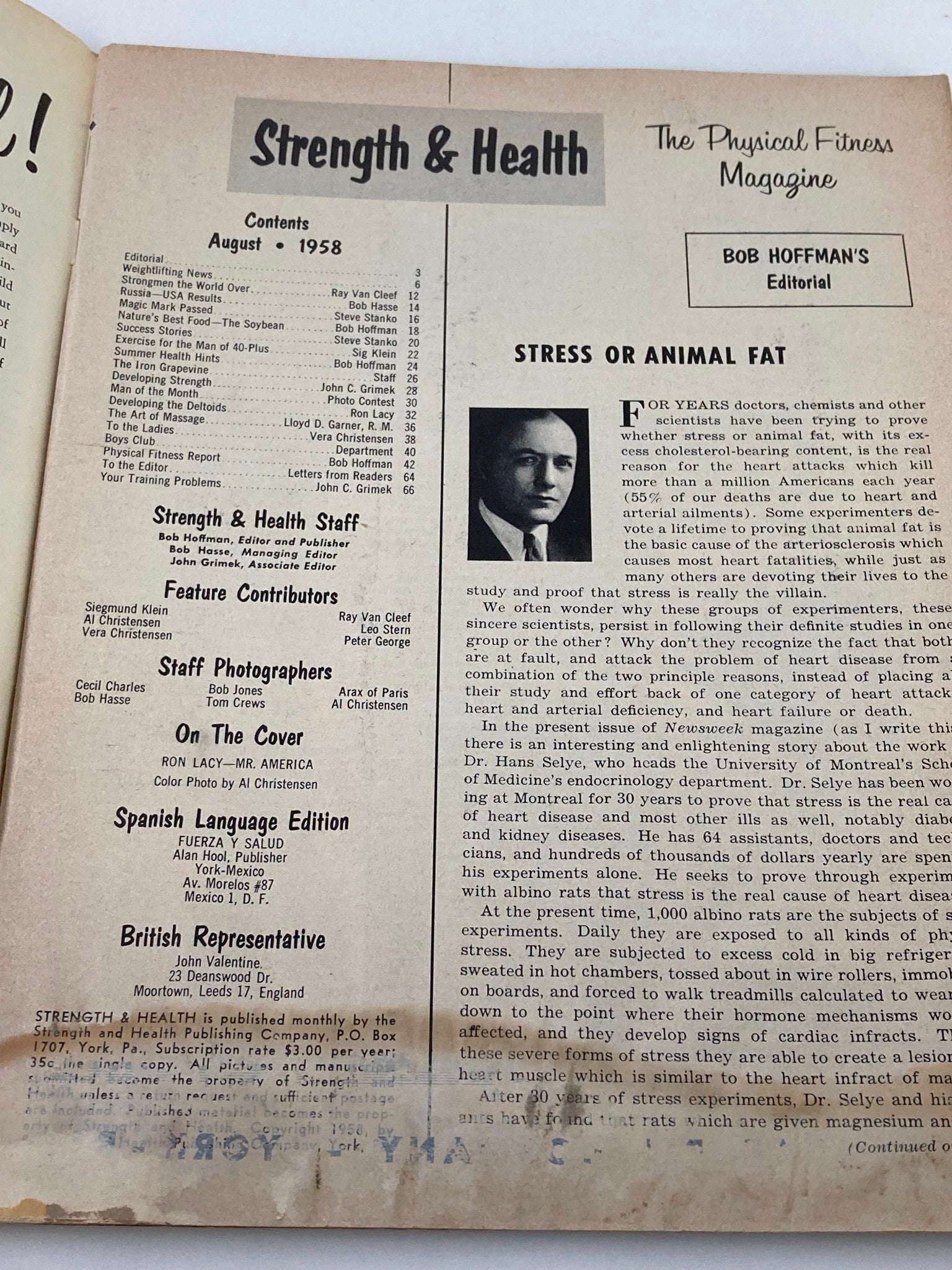 VTG Strength & Health Magazine August 1958 Ronald Lacy Cover No Label