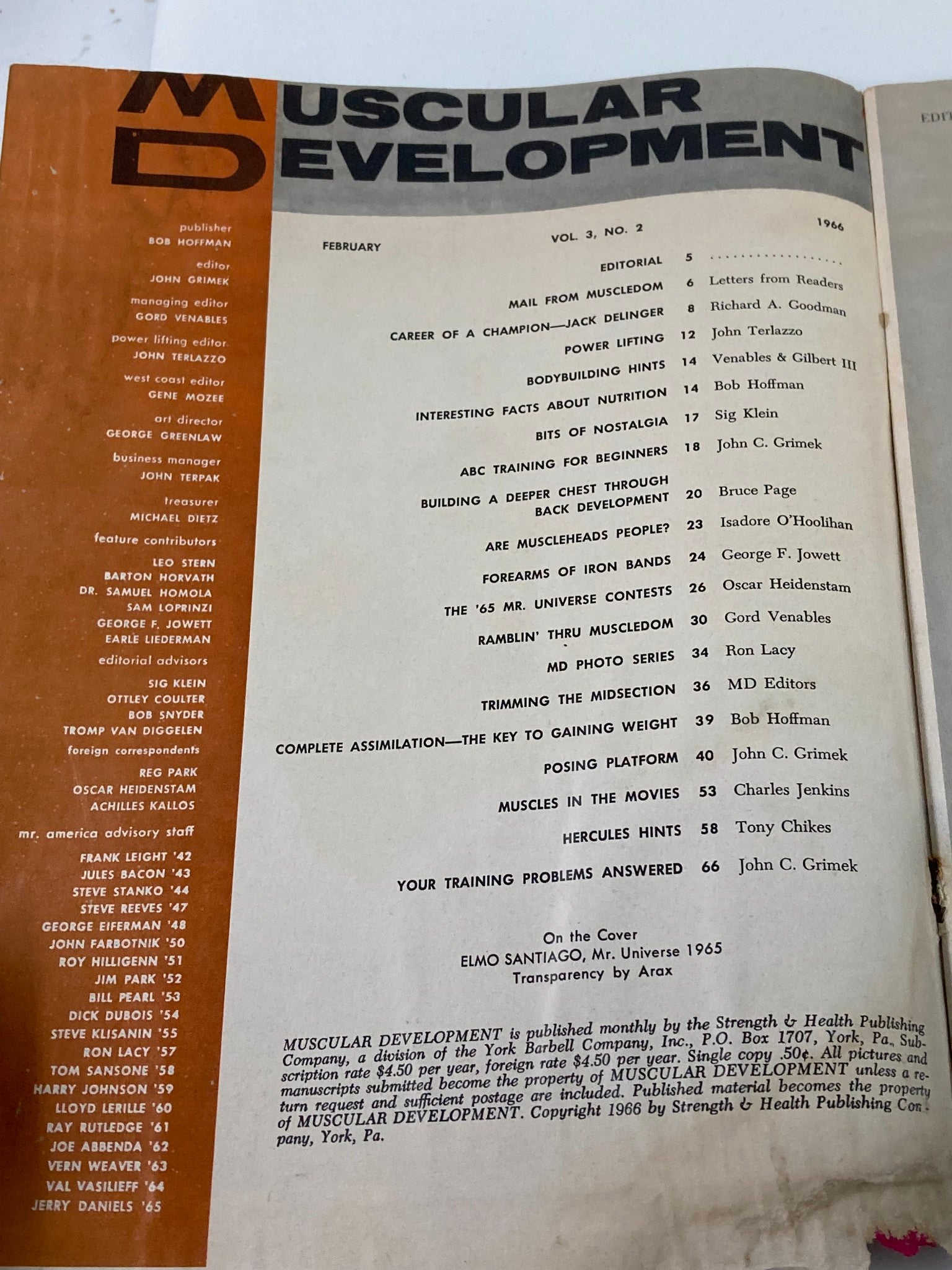 VTG Muscular Development Magazine February 1966 Vol 3 #2 Elmo Santiago No Label