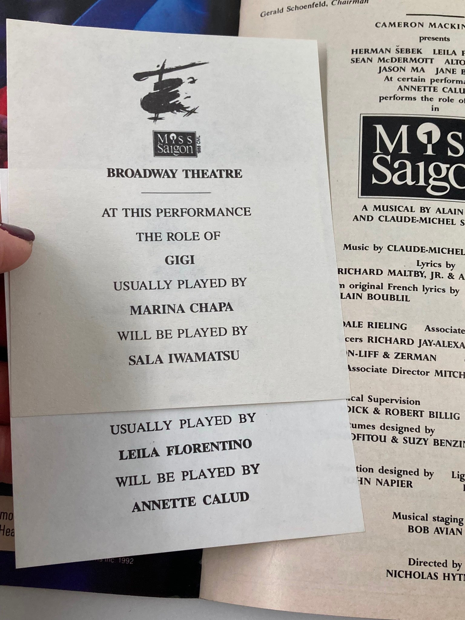 1992 Playbill Broadway Theatre Herman Sebek, Leila Florentino in Miss Saigon