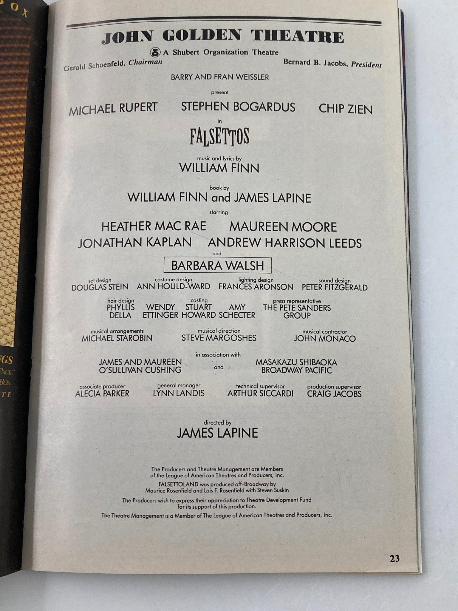 1992 Playbill John Golden Theatre Michael Rupert, Stephen Bogardus in Falsettos