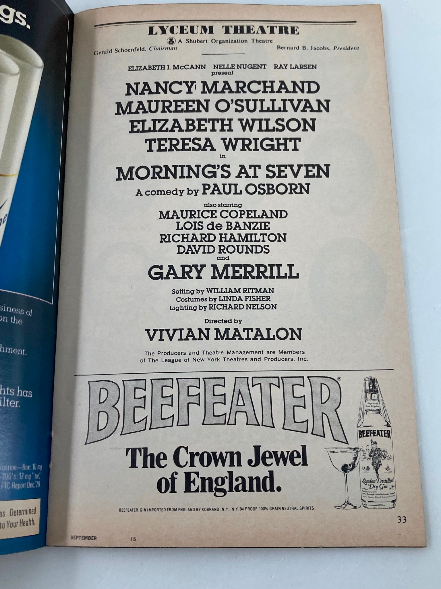 1980 Playbill Lyceum Theatre Nancy Marchand in Morning's at Seven