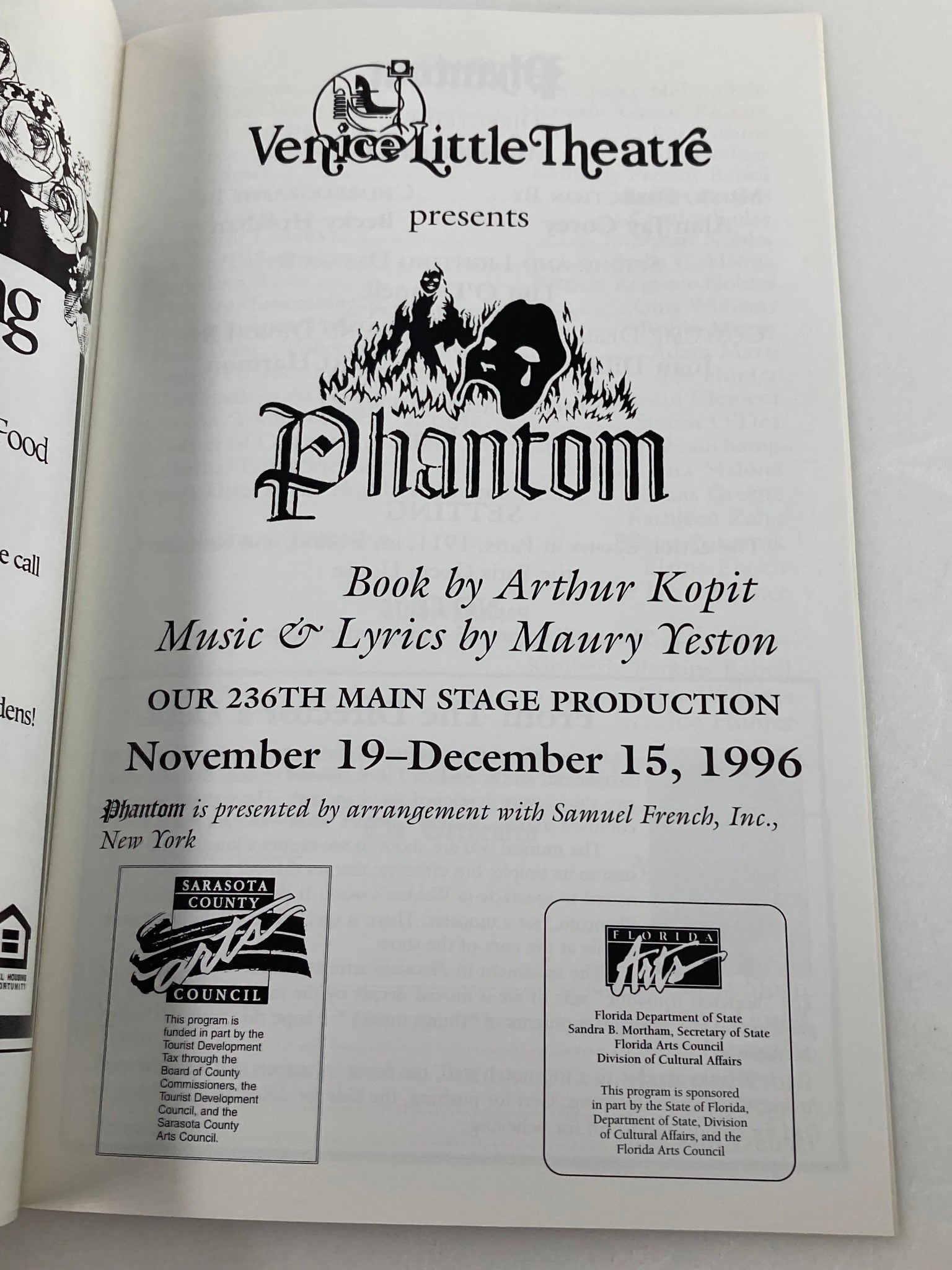 1996 Souvenir Program Venice Little Theatre Phantom Book by Arthur Kopit