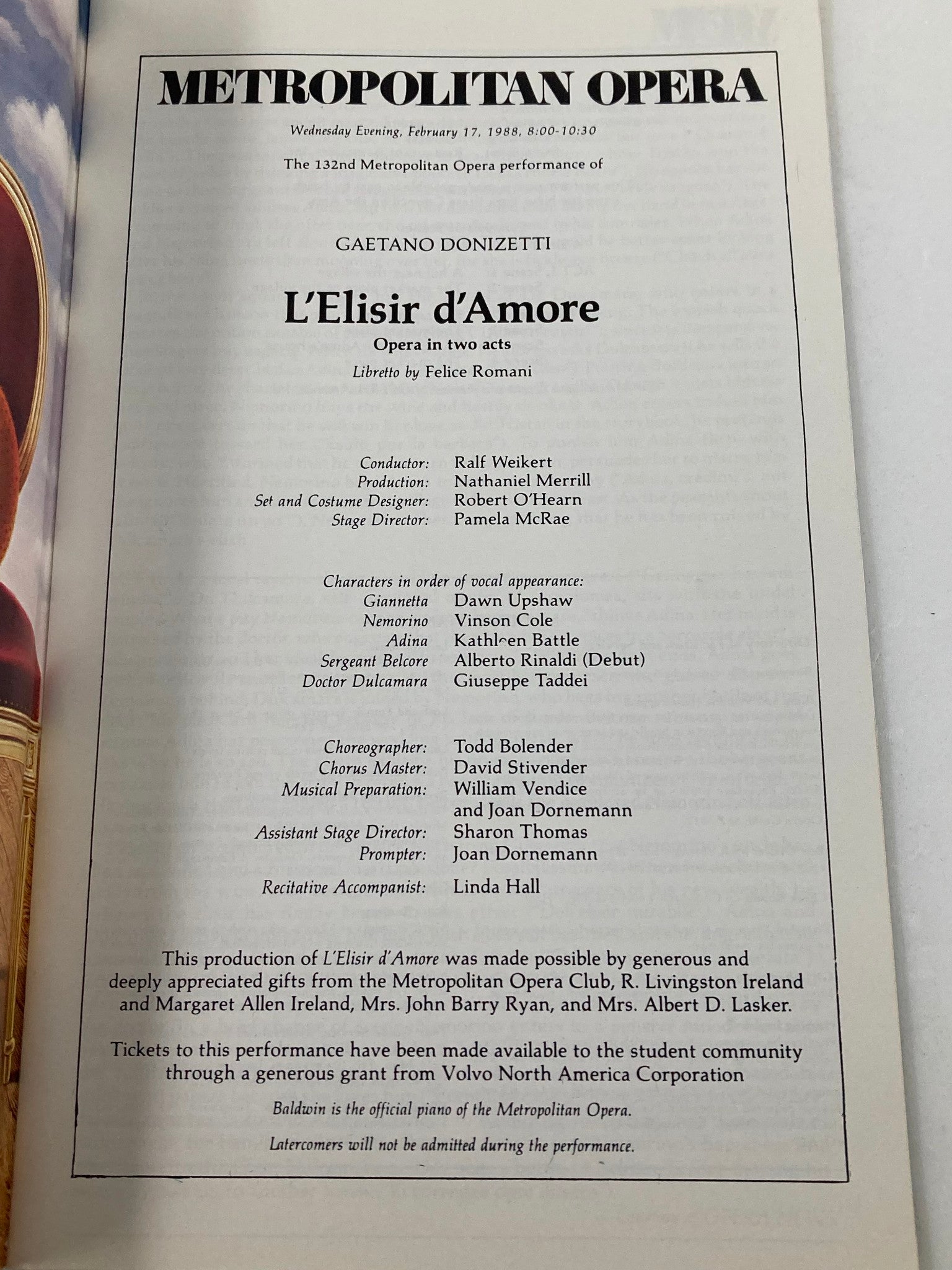 1988 Stagebill Lincoln Center Gaetano Donizetti in L'Elisir d'Amore Opera