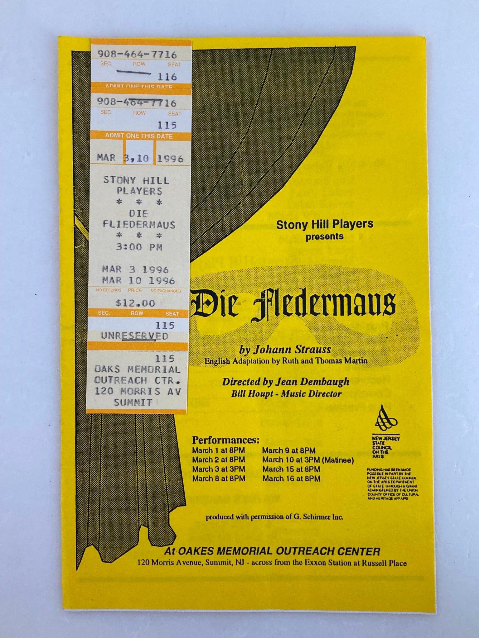 1996 Stony Hill Players Program William Dembaugh in Die Fliedermaus