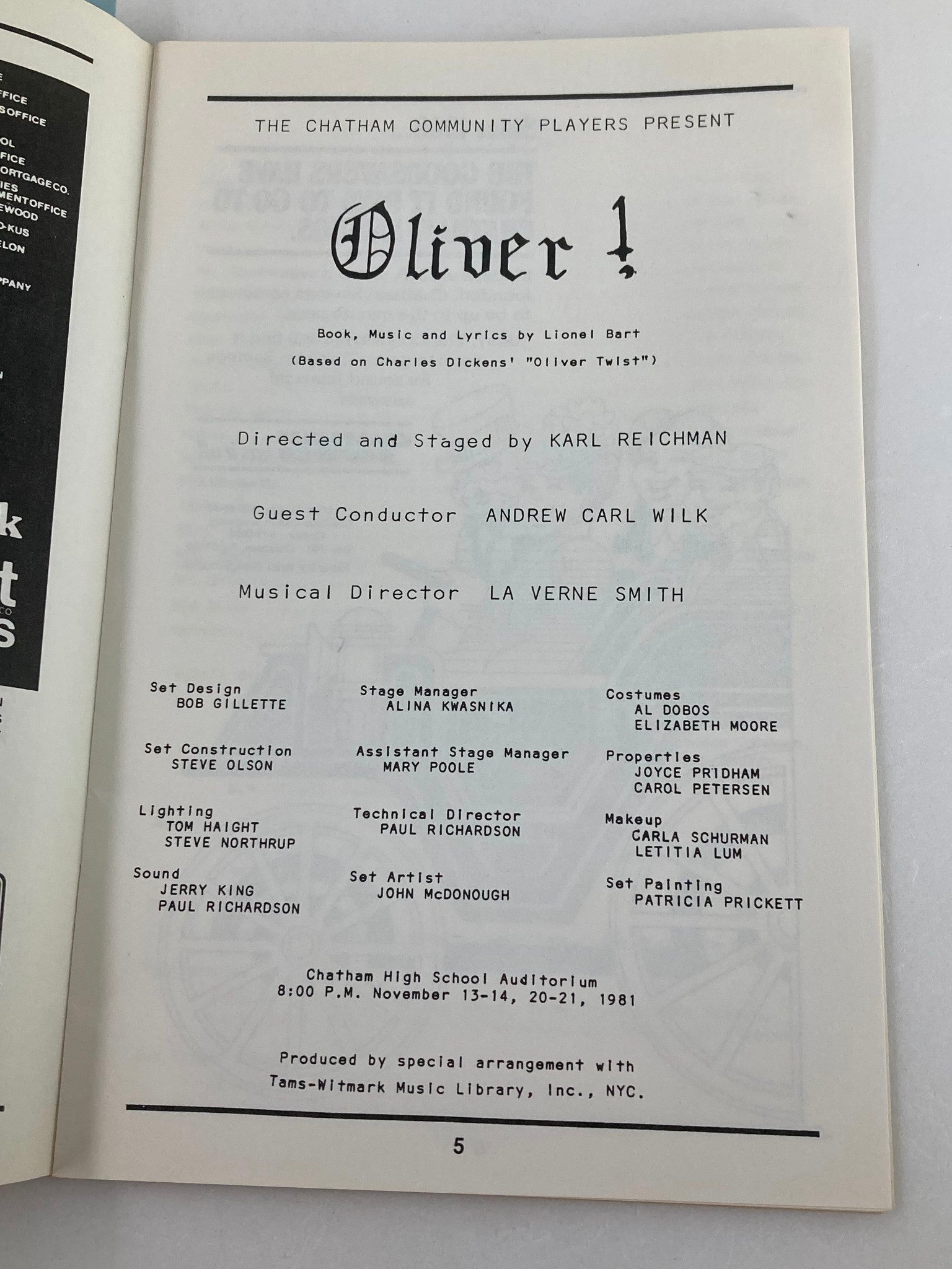 1981 The Chatham Community Players Program Karl Reichman in Oliver!