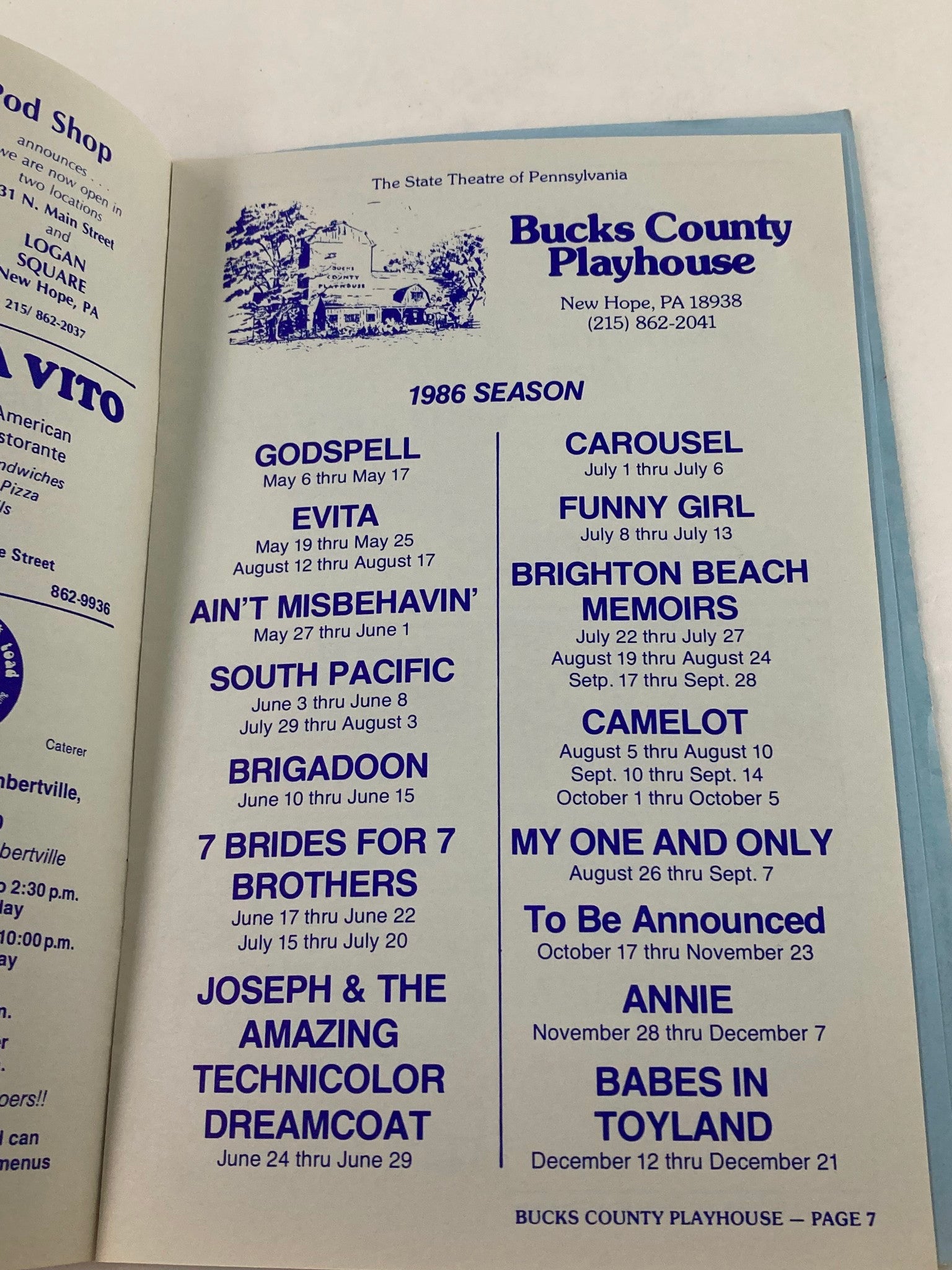 1986 Bucks County Playhouse Program Presents Godspell and Carousel