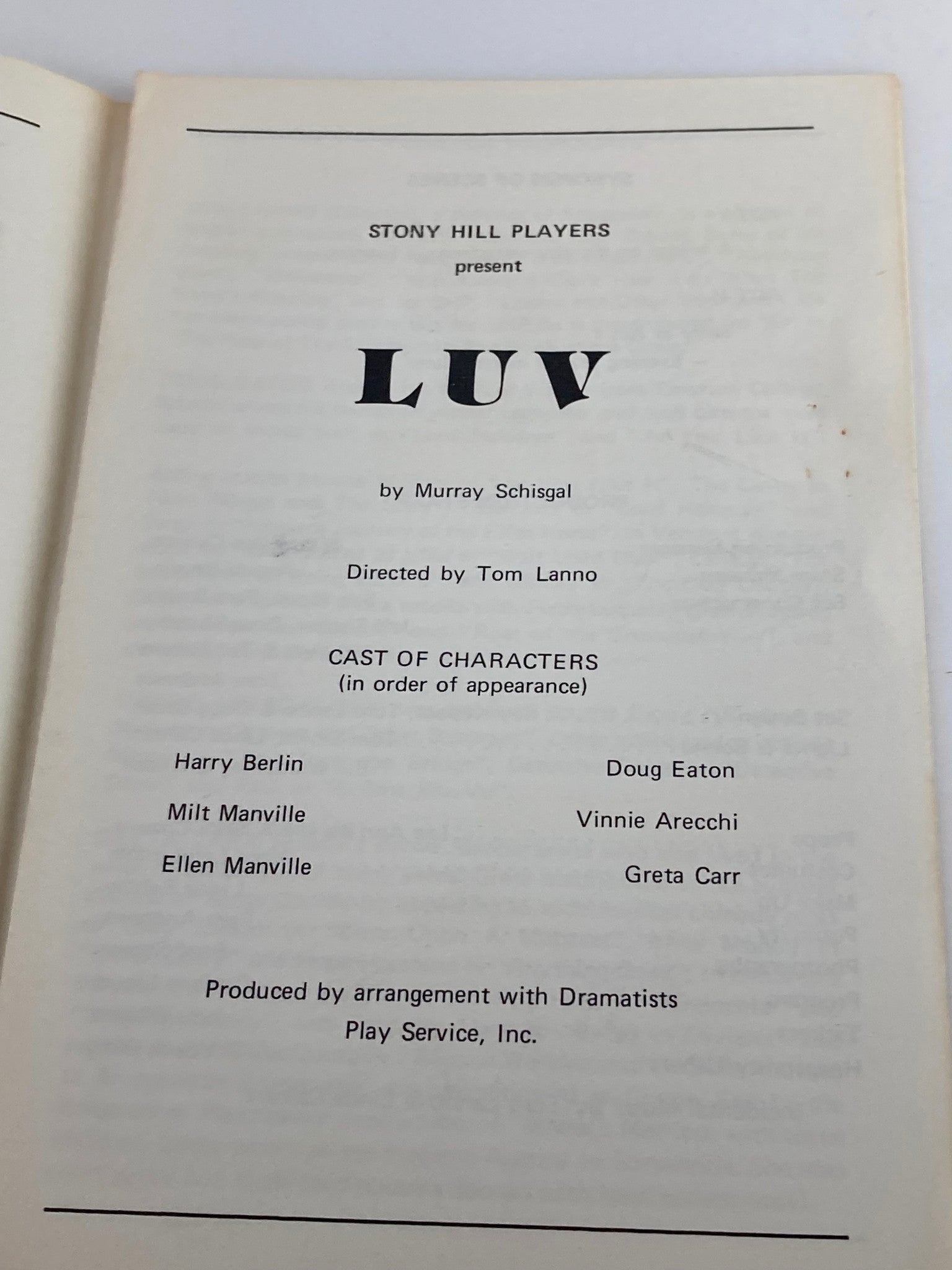 1978-1979 Stony Hill Players Presents Doug Eaton in Luv by Murray Schisgal