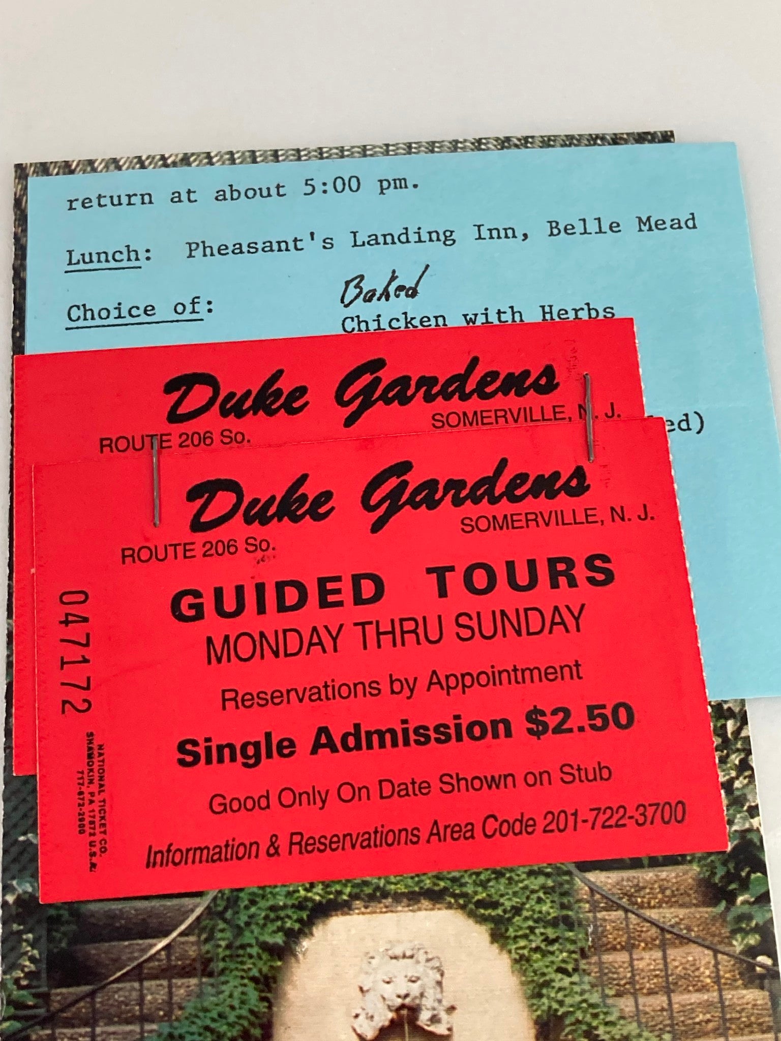 1988 Duke Gardens Foundation Inc. Souvenir Program Duke Gardens featuring guided tour ticket stubs and lunch options at Pheasant's Landing Inn, Belle Mead.
