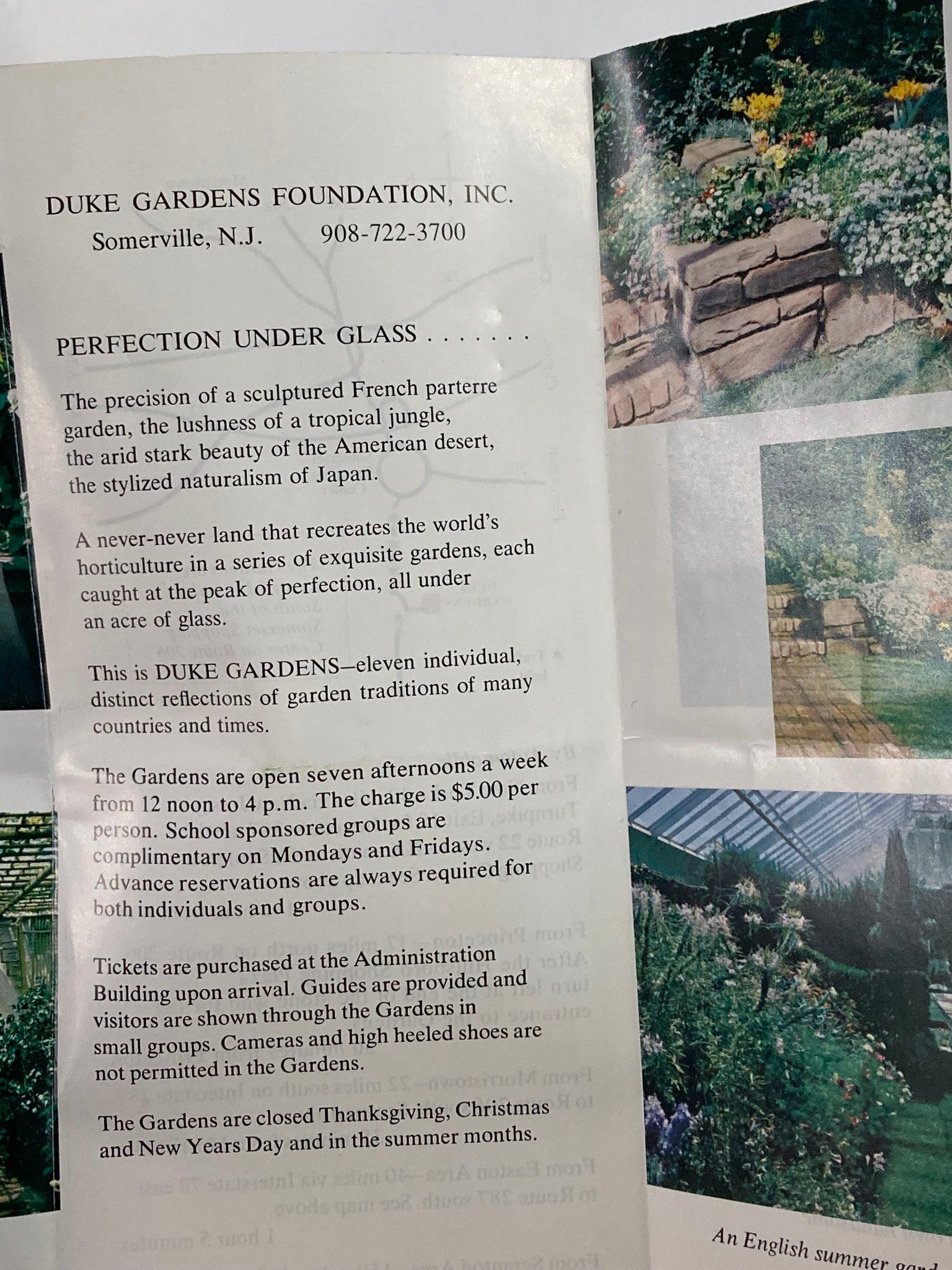 1988 Duke Gardens Foundation Inc. Souvenir Program Duke Gardens displaying information about the unique gardens and visiting hours, emphasizing the intricate horticulture.